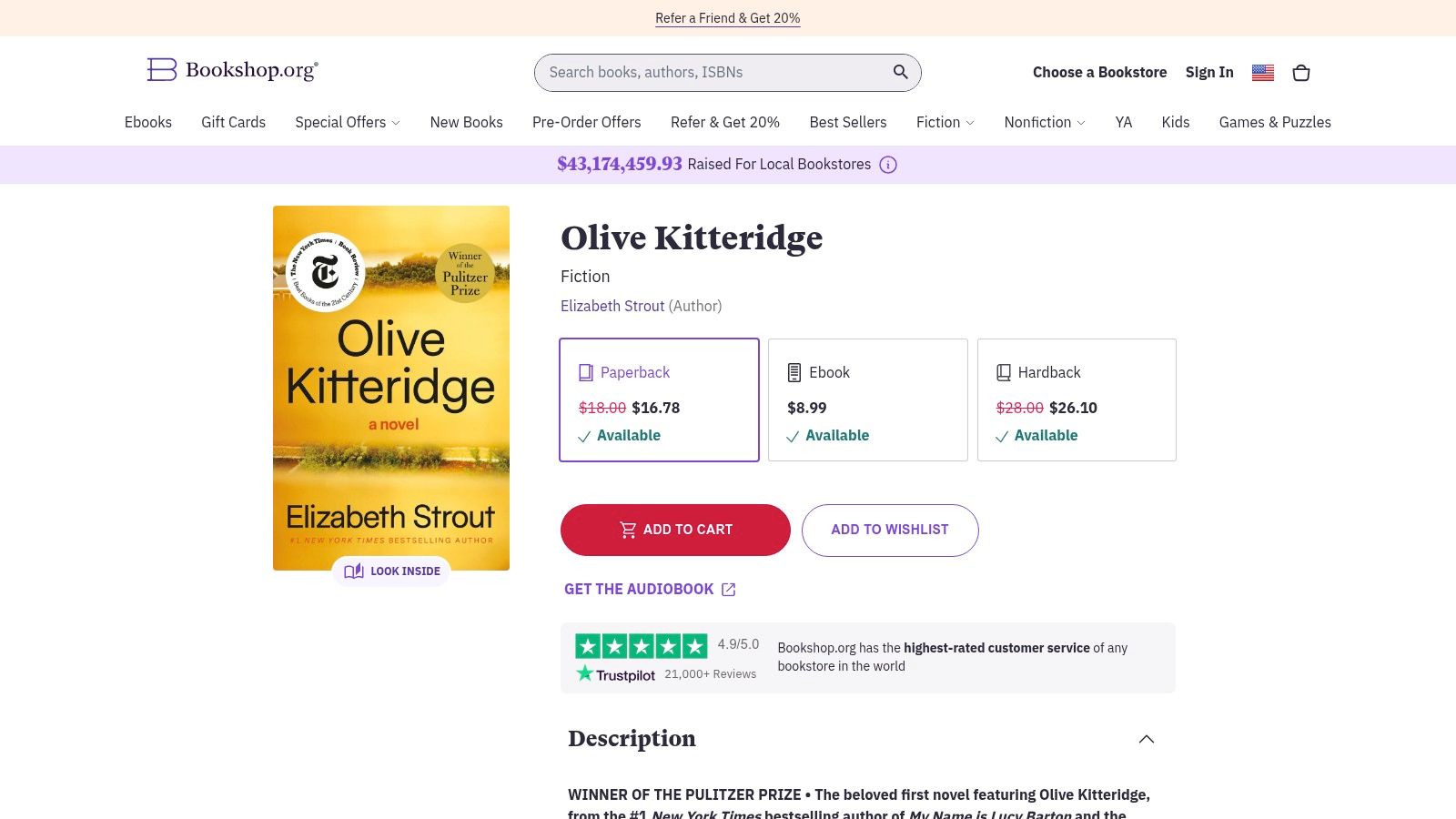 An image of an Elizabeth Strout book page on Bookshop.org, showing clear details like format and availability.