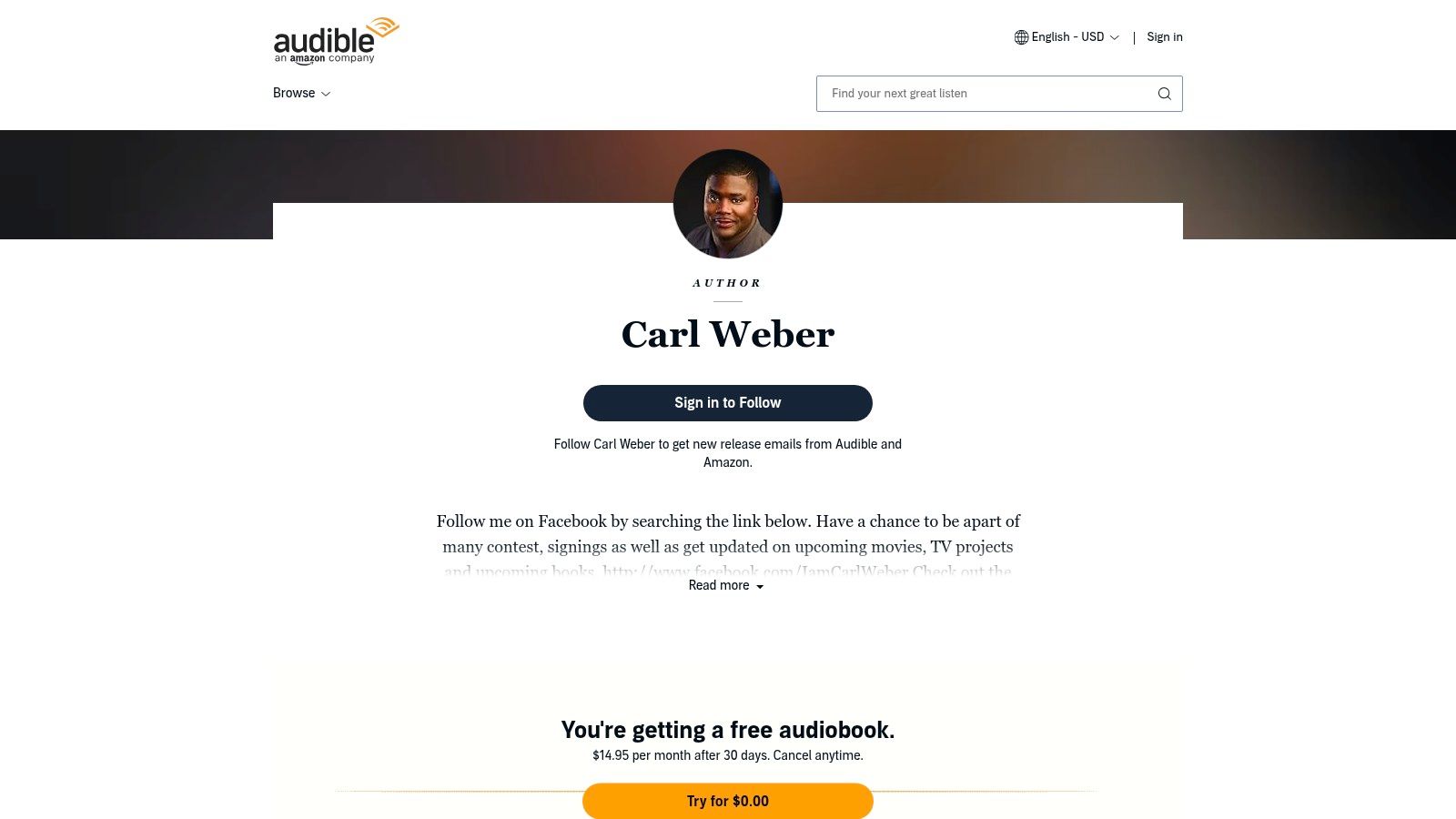 The Audible website showcasing a search for Carl Weber audiobooks, with cover art for titles like "The Family Business" prominently displayed.