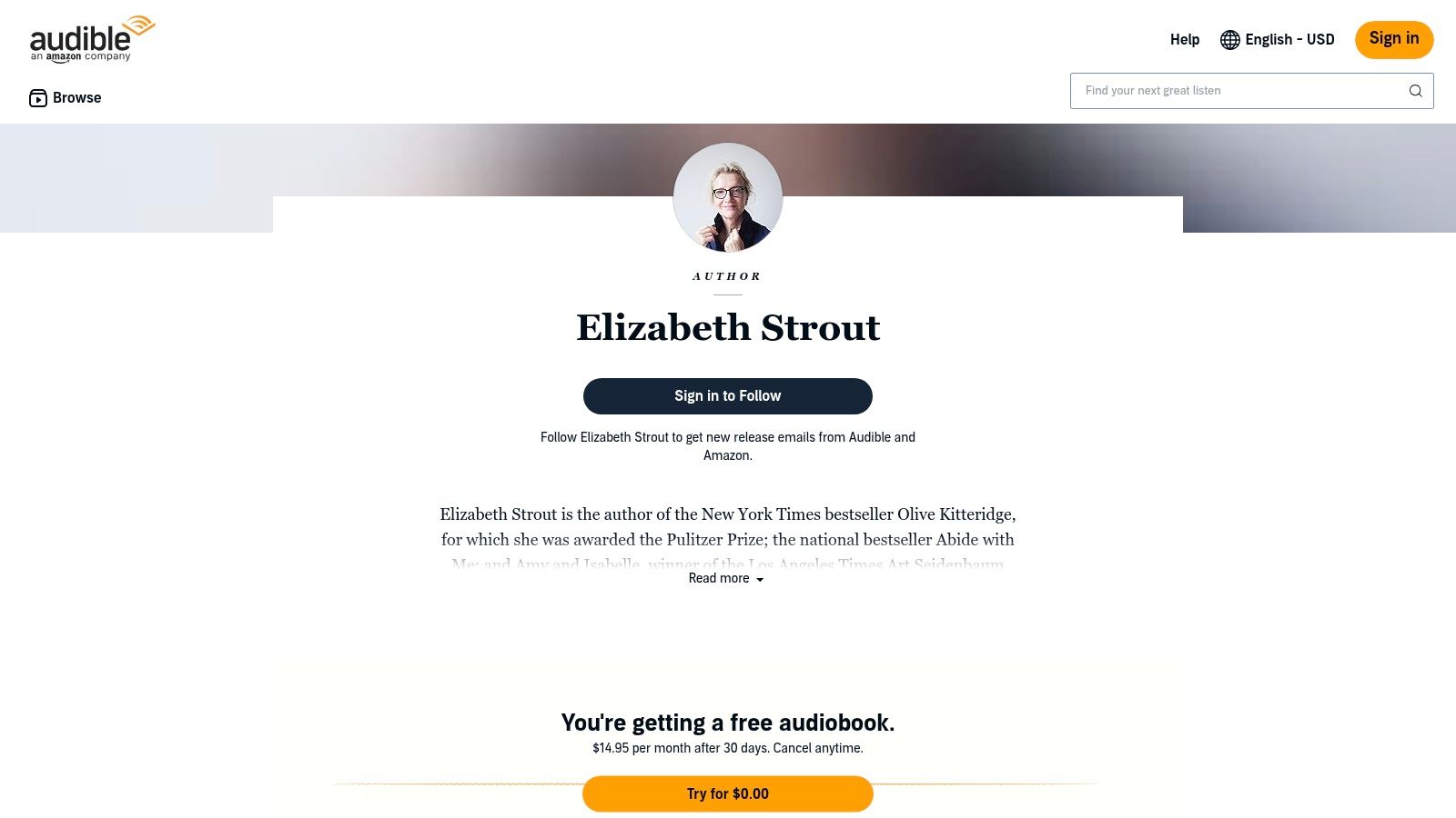 An image of Elizabeth Strout's author page on Audible, showcasing her collection of available audiobooks.