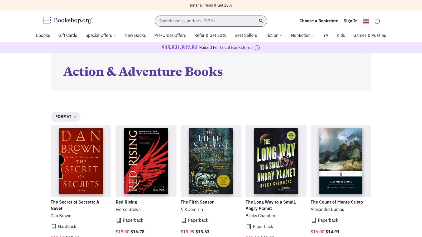 Bookshop.org interface displaying action and adventure books