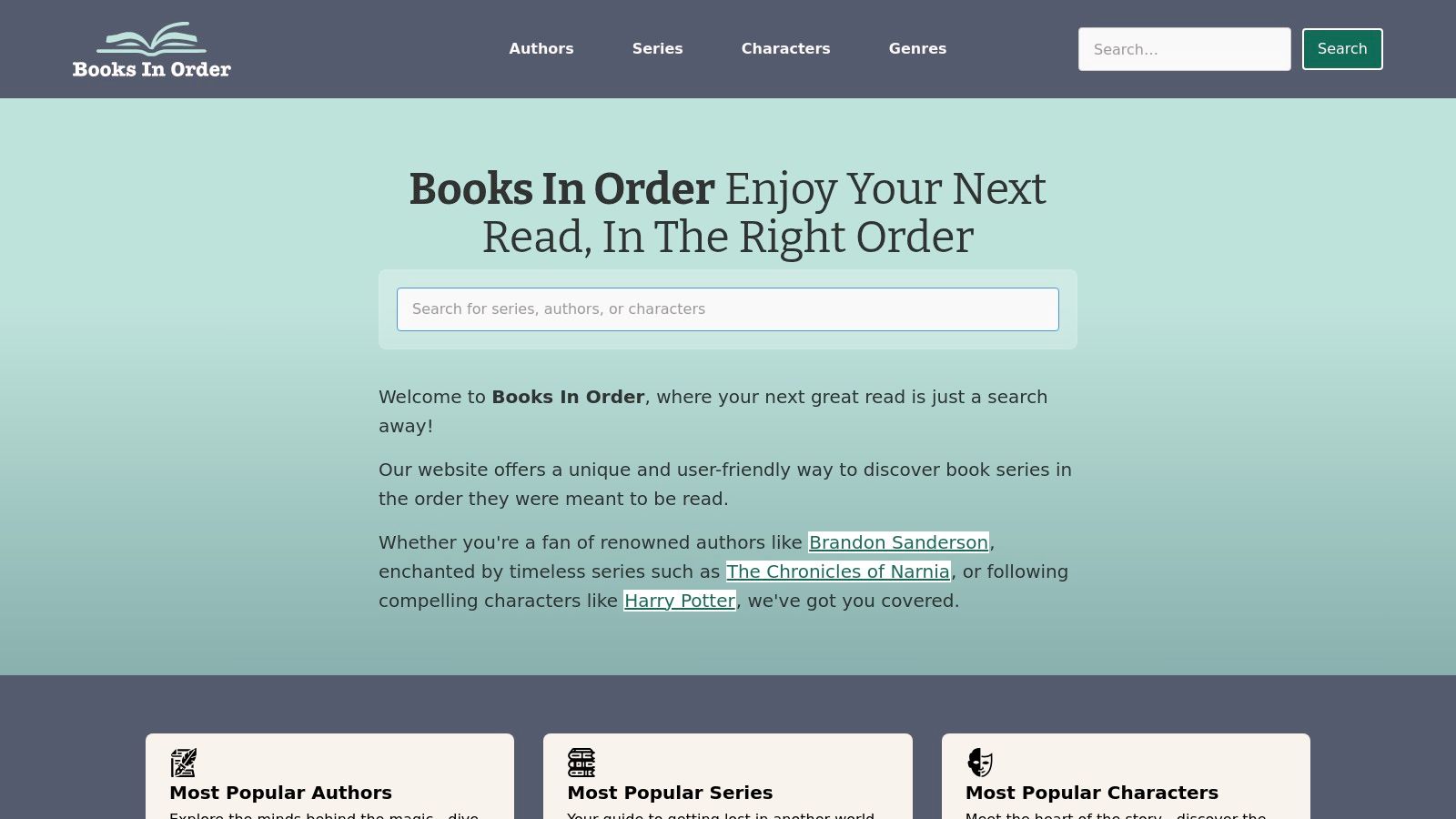 Books In Order website interface showing a search bar and book covers