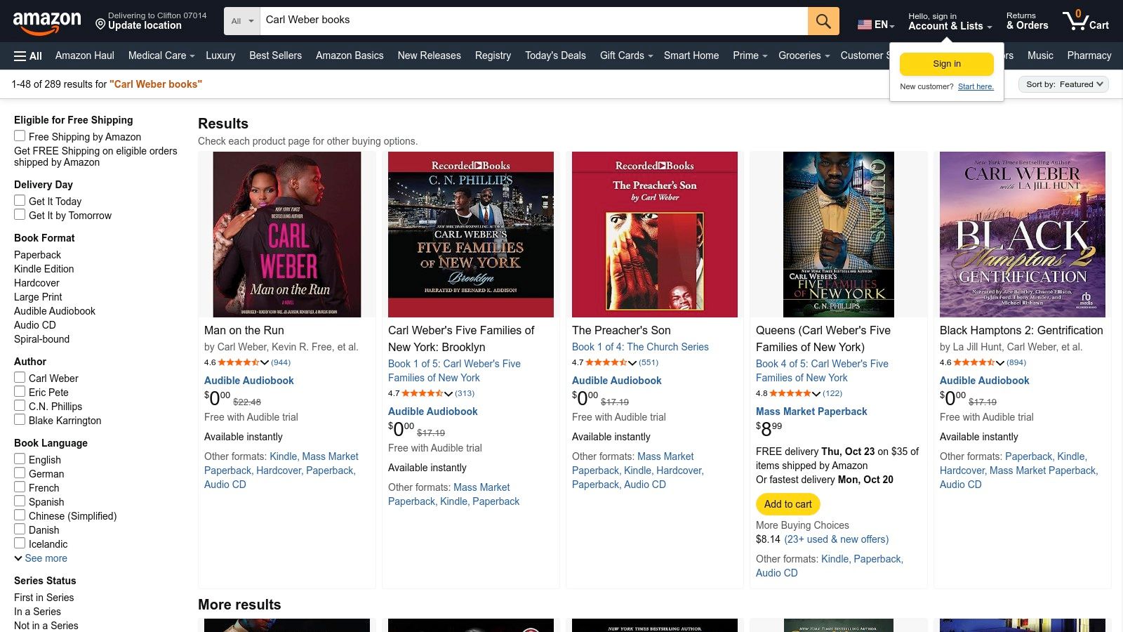 An image showcasing the Amazon website with a search for Carl Weber books, highlighting the variety of formats available including Kindle and paperback.