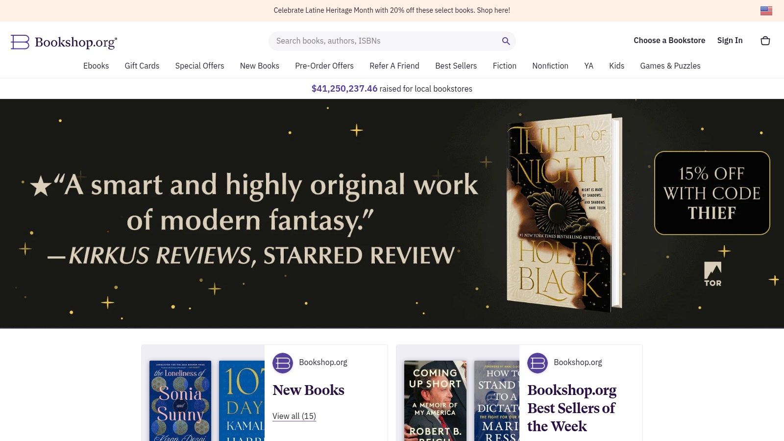 Bookshop.org homepage showing book selections and mission statement