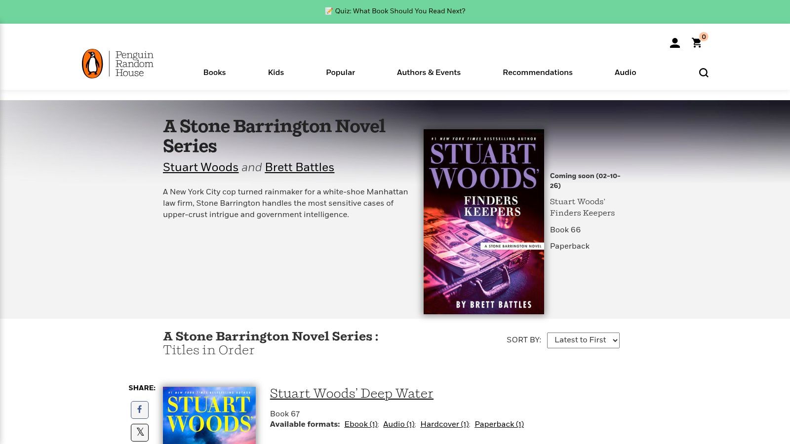 A screenshot of the Penguin Random House website showing a list of Stone Barrington books in order, with cover art and titles clearly displayed.