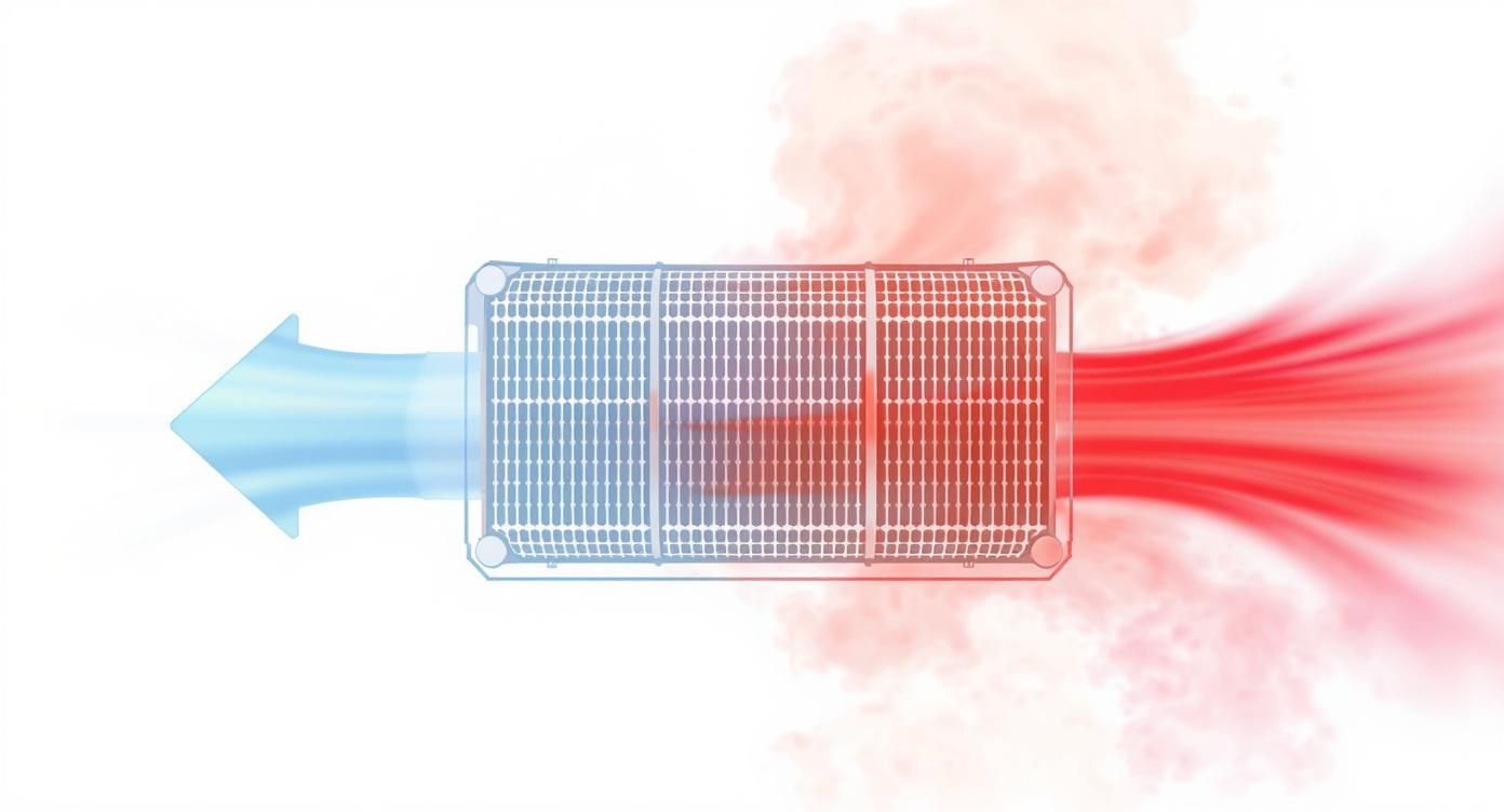 Hőcserélő elem kék hideg és piros meleg légáramlattal, amelyen keresztül a levegő áramlik