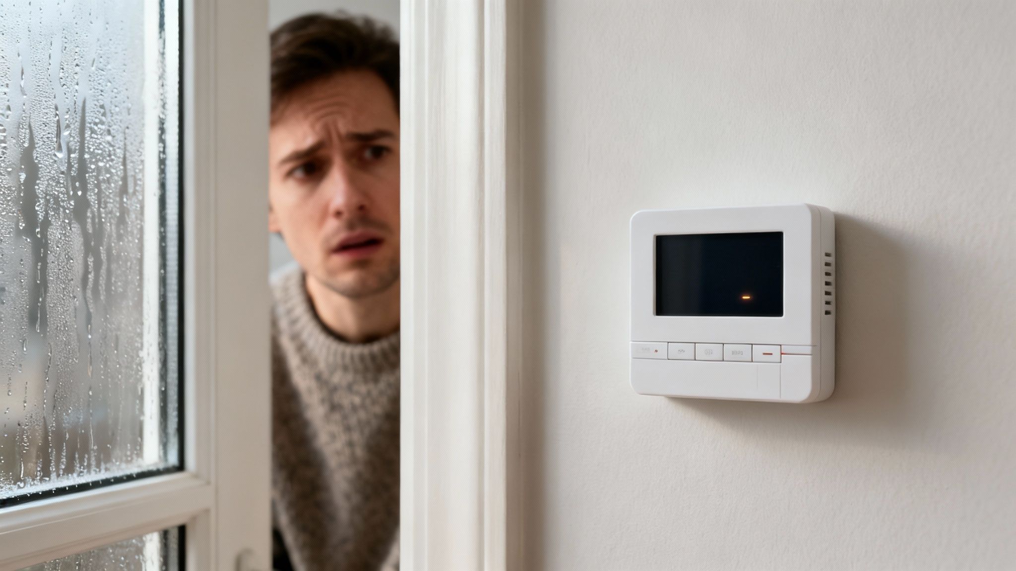 Aggódó férfi néz egy fali termosztátra, miközben párás ablak látszik mellette.