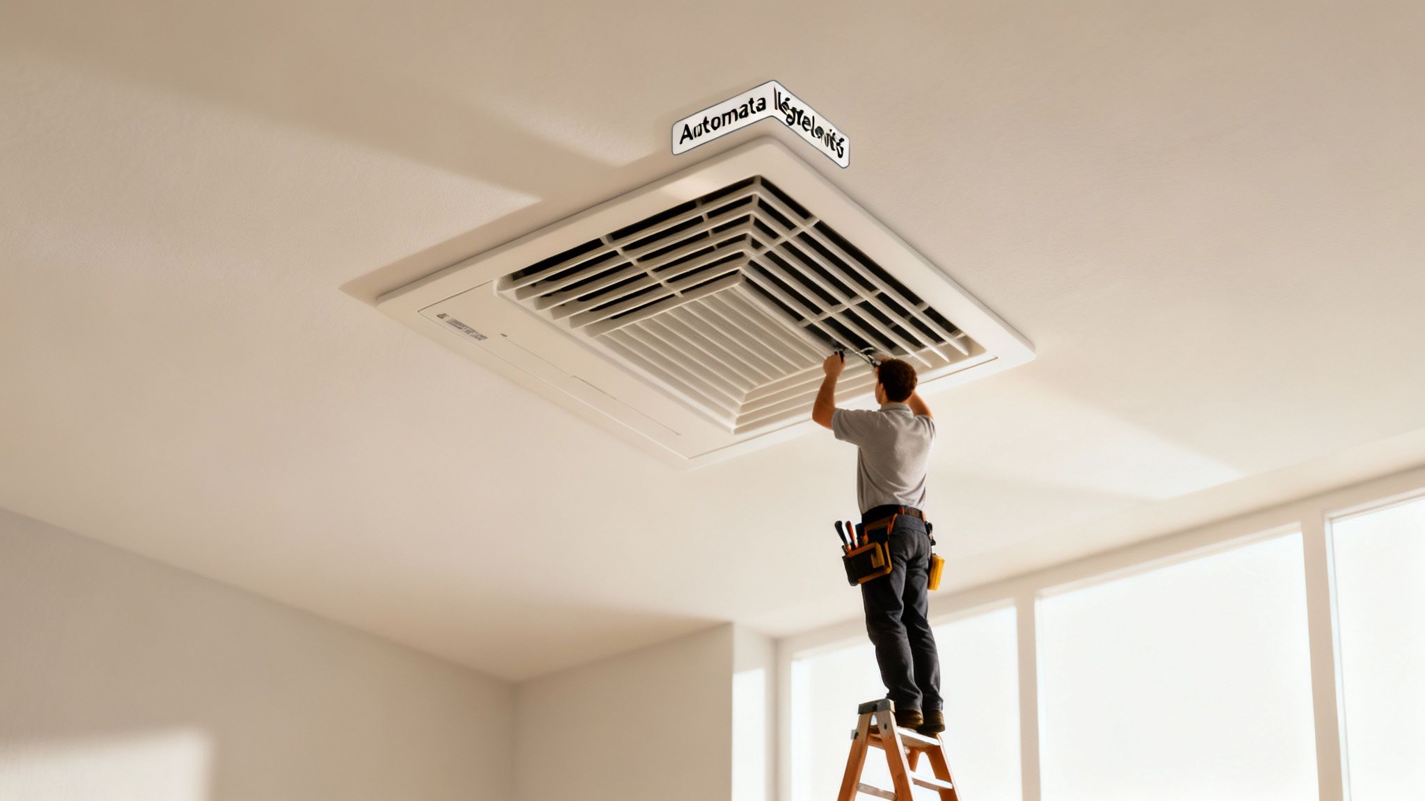 Egy technikus létrán állva karbantartja a mennyezeti klímaberendezést, amely fölött 'Automata légtelenítés' felirat látható.
