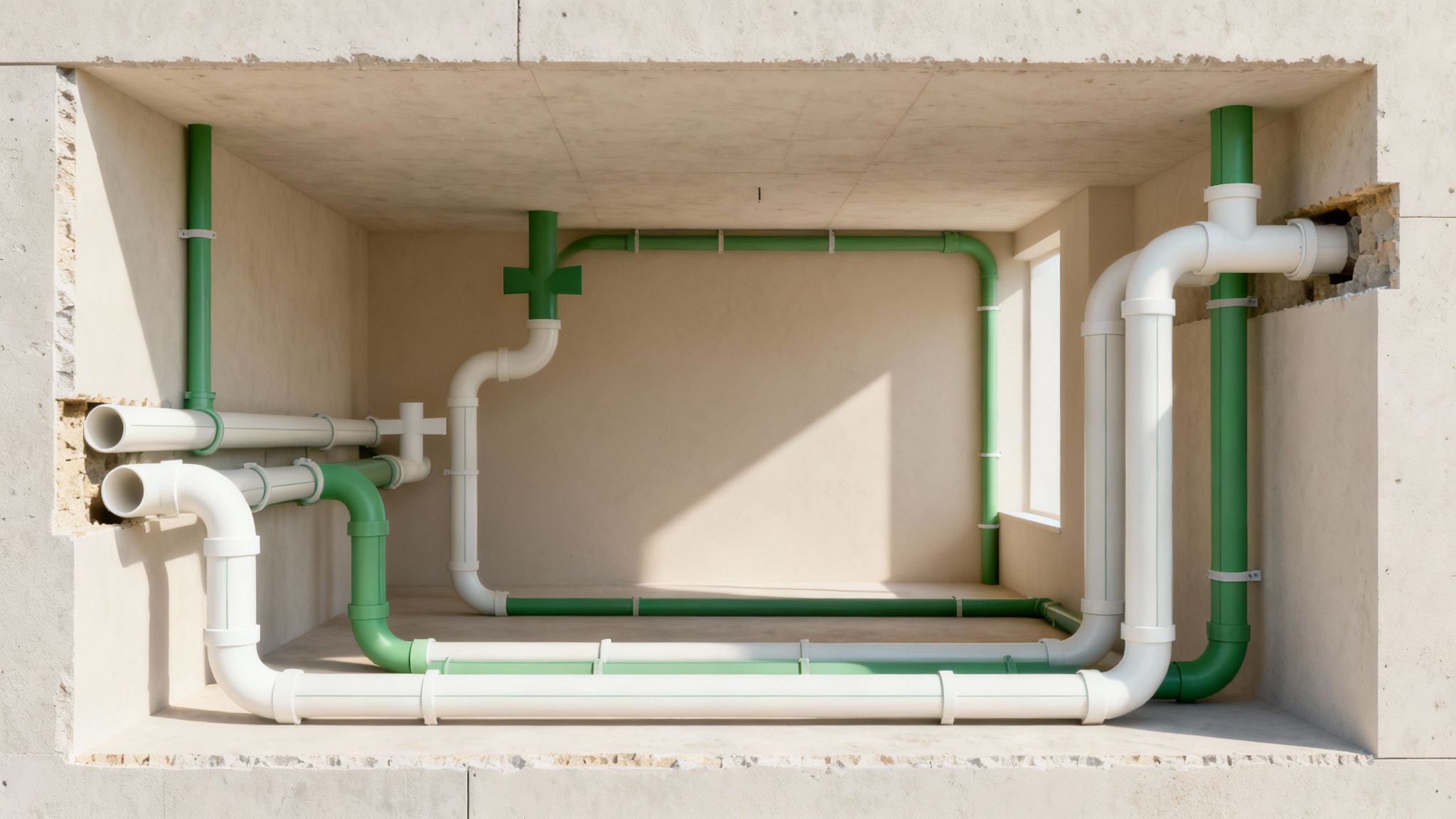 Belső tér vágott nézete modern, zöld és fehér PPR csőrendszerrel, falban beépítve, szerelési illusztráció.