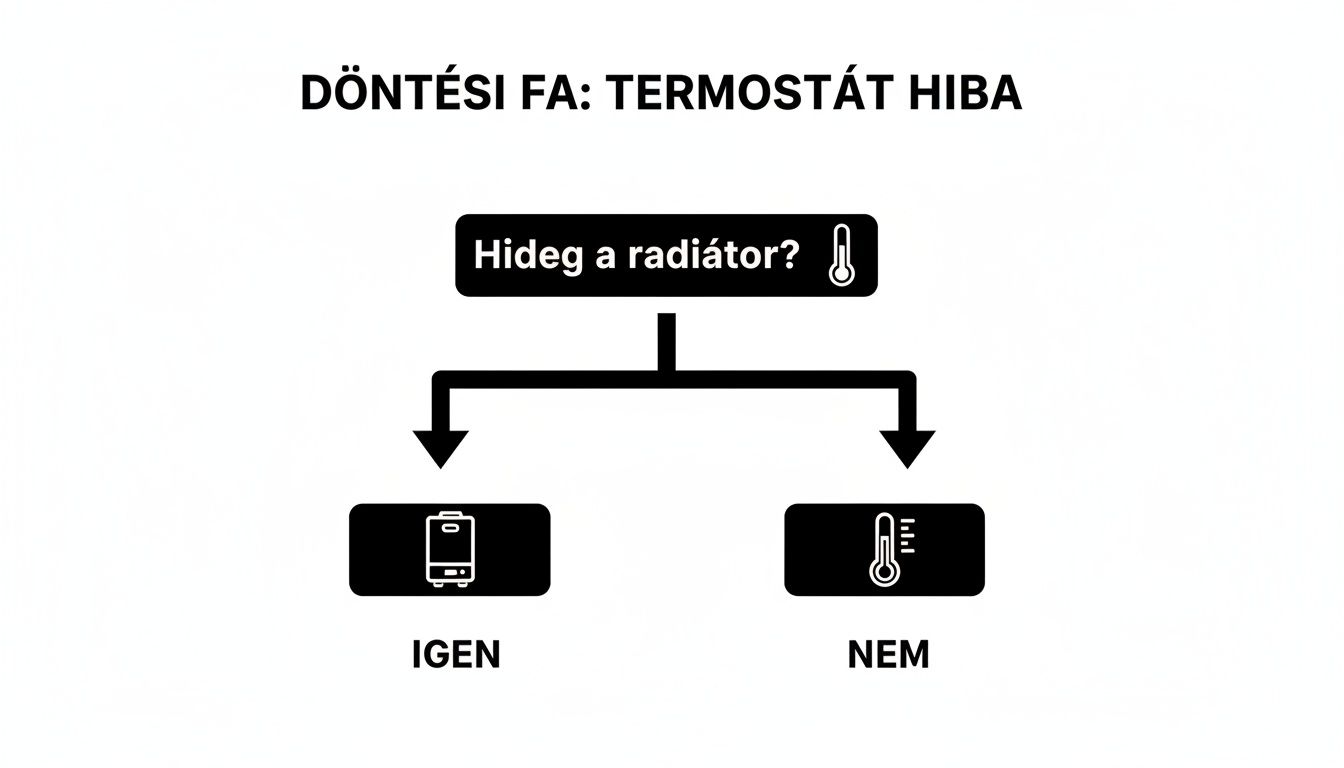 Döntési fa ábra termosztát hibák elhárításához. Kérdés: Hideg a radiátor? Válaszok: Igen (kazán), Nem (termosztát).