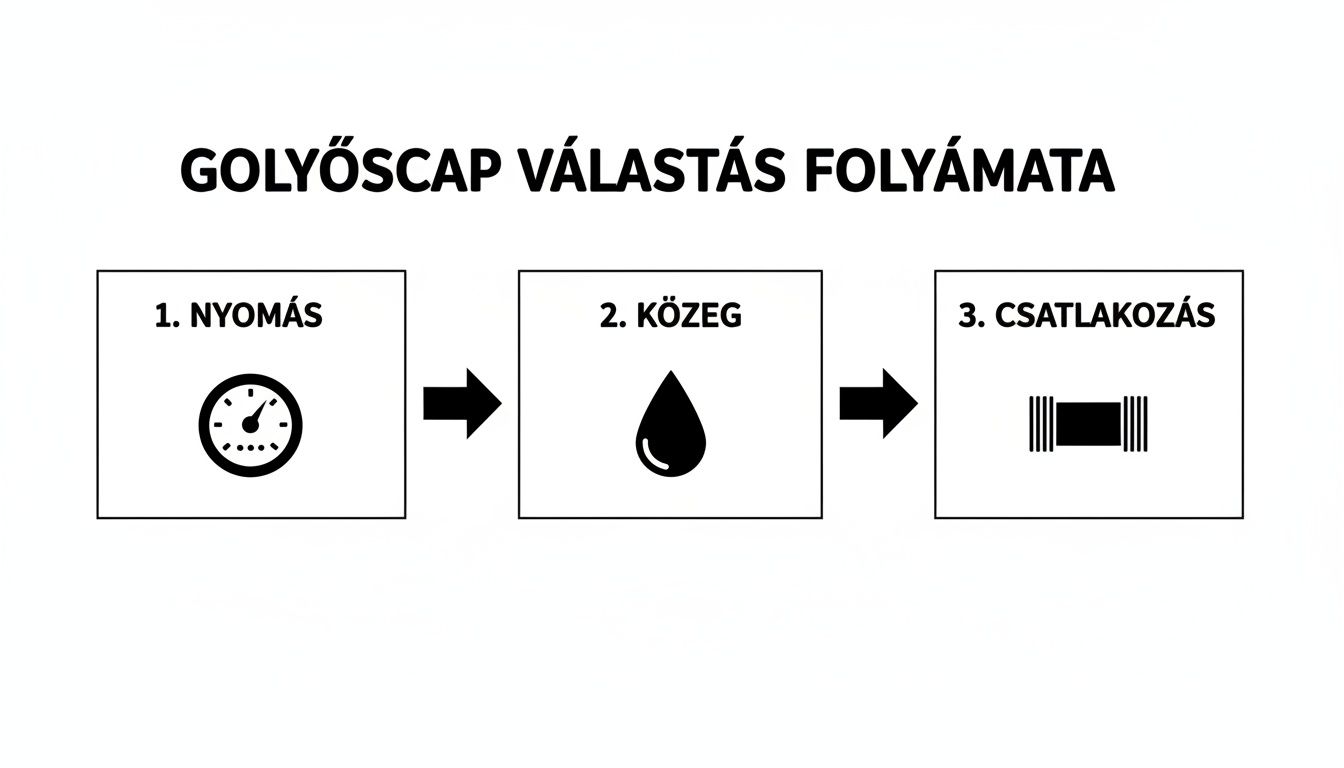 A golyóscsap kiválasztásának folyamatát bemutató diagram, lépésekben: nyomás, közeg és csatlakozás.