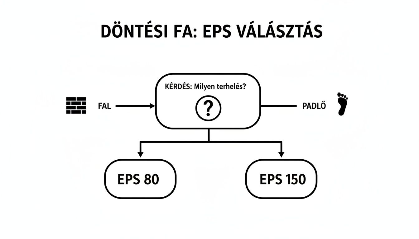 Döntési fa az EPS kiválasztásához: fal (EPS 80) vagy padló (EPS 150) terhelés alapján.