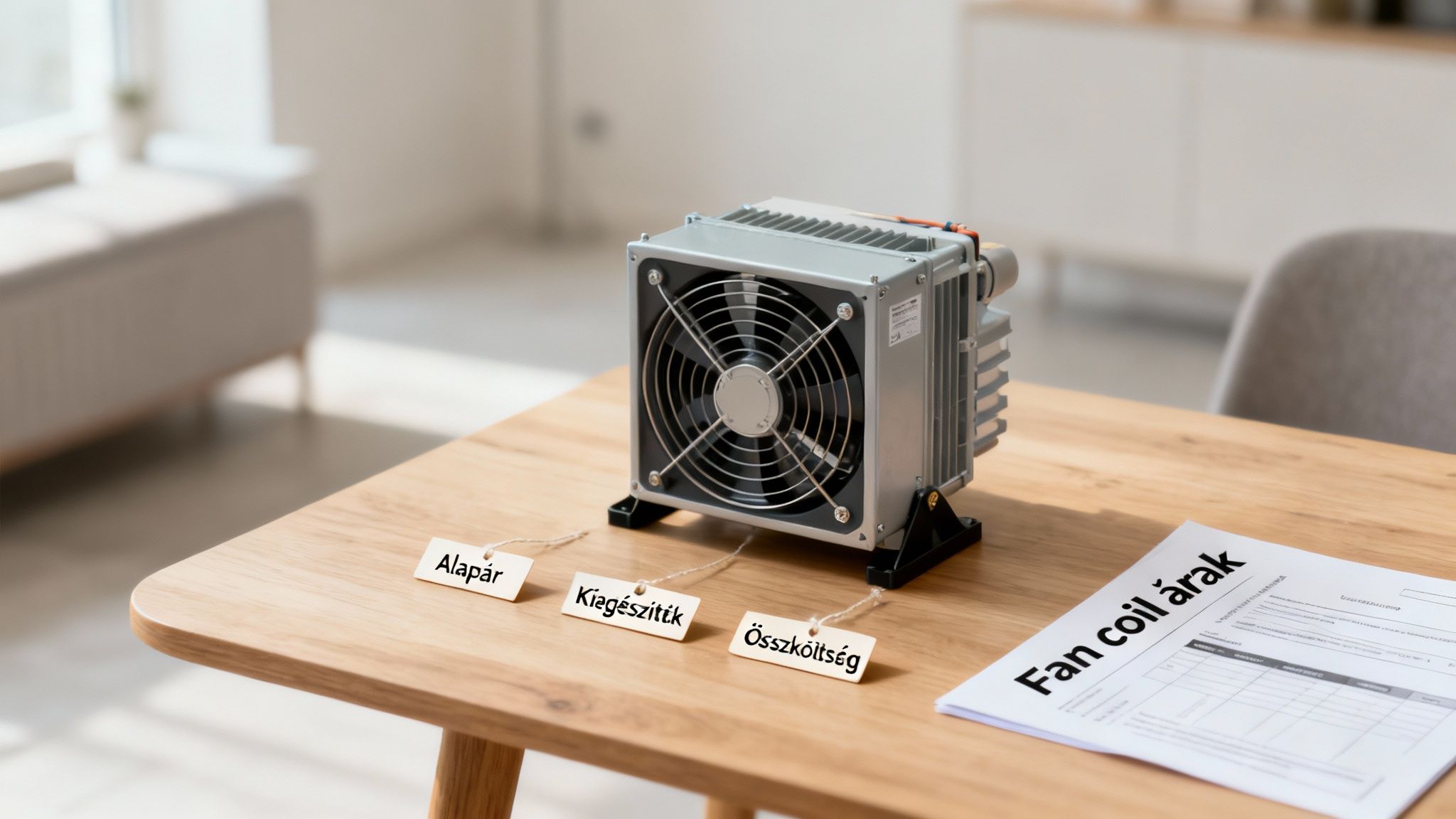 Asztalon lévő fan coil egység ártáblákkal: alapár, kiegészítők és összköltség, mellette egy árlista.