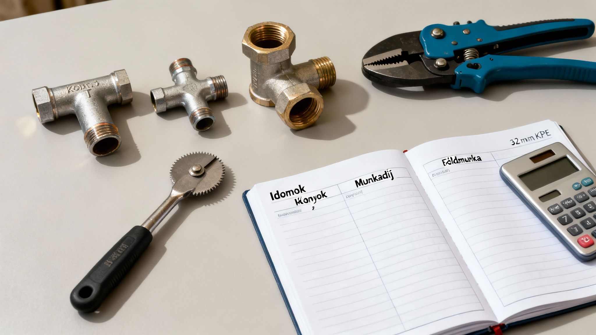 Szerelvények, szerszámok és jegyzetfüzet kalkulátorral, vízvezeték szerelési vagy tervezési munkához, felülről.