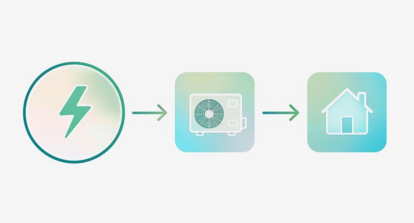 Diagram, amely a villamos energia áramlását mutatja egy hőszivattyún keresztül egy házba.
