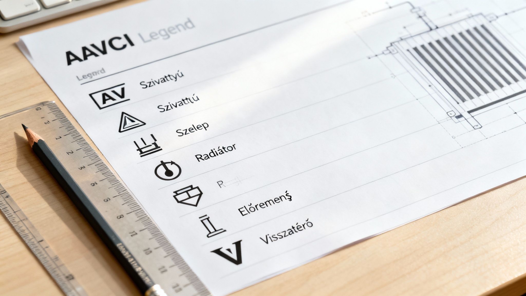 Technikai rajzok jelmagyarázata fűtési rendszerekhez szimbólumokkal és elnevezésekkel, ceruzával és vonalzóval az asztalon.
