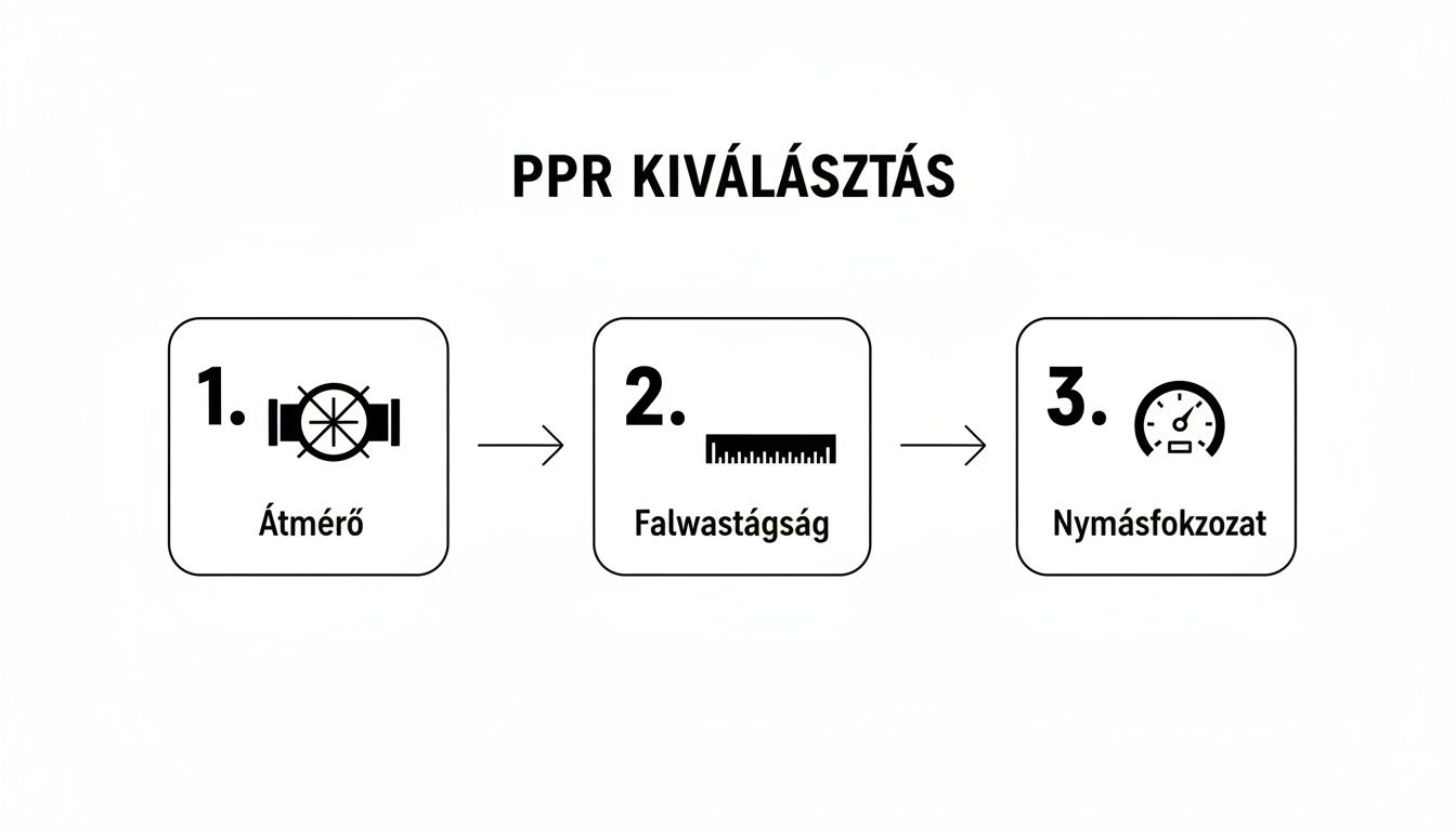 Háromlépéses folyamat PPR csövek kiválasztásához: átmérő, falvastagság és nyomásfokozat megadása.