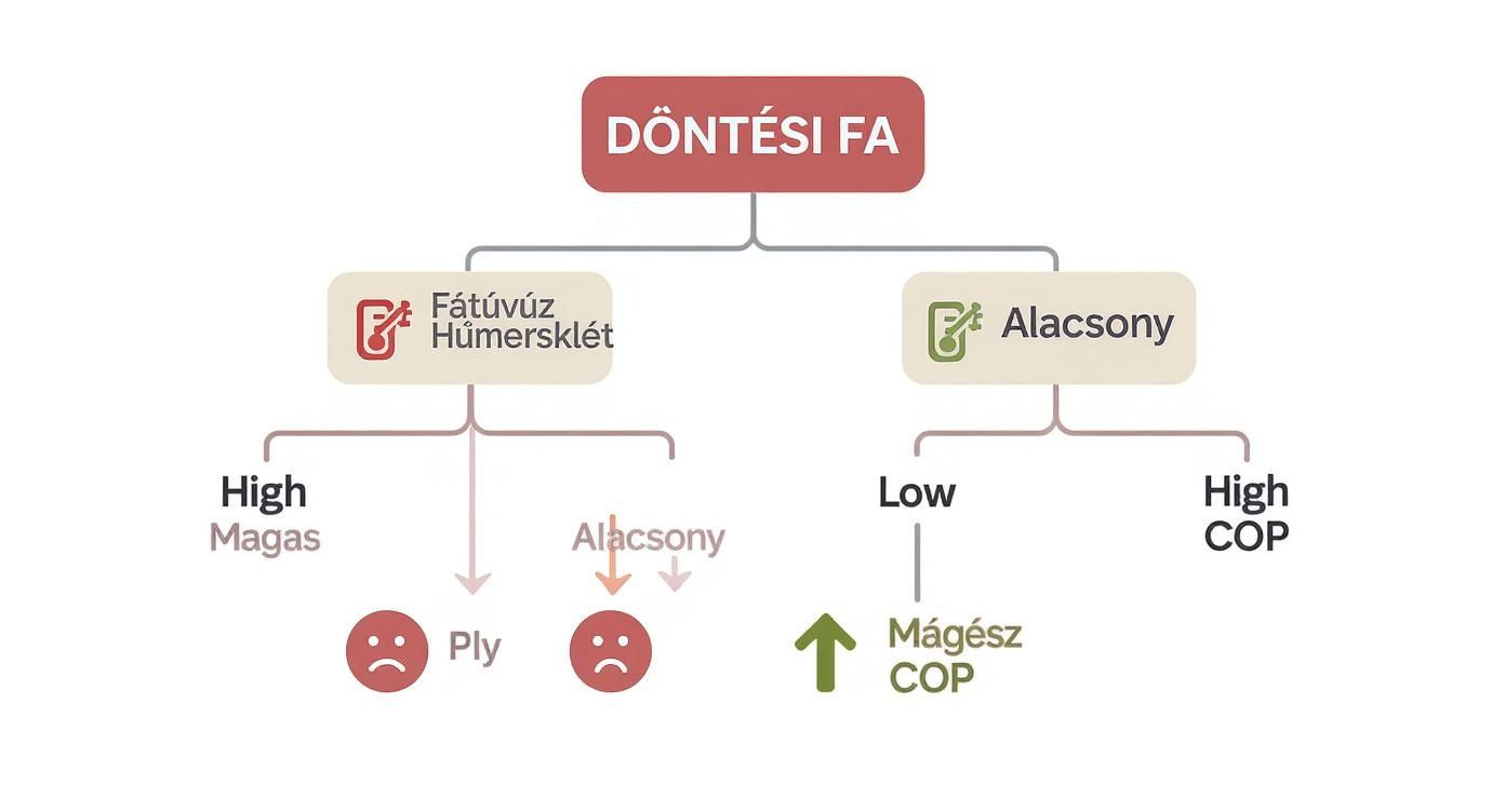 Döntési fa ábra, ami hőszivattyúk teljesítményét és hőmérsékleti paramétereit mutatja be, például a COP érték optimalizálására.