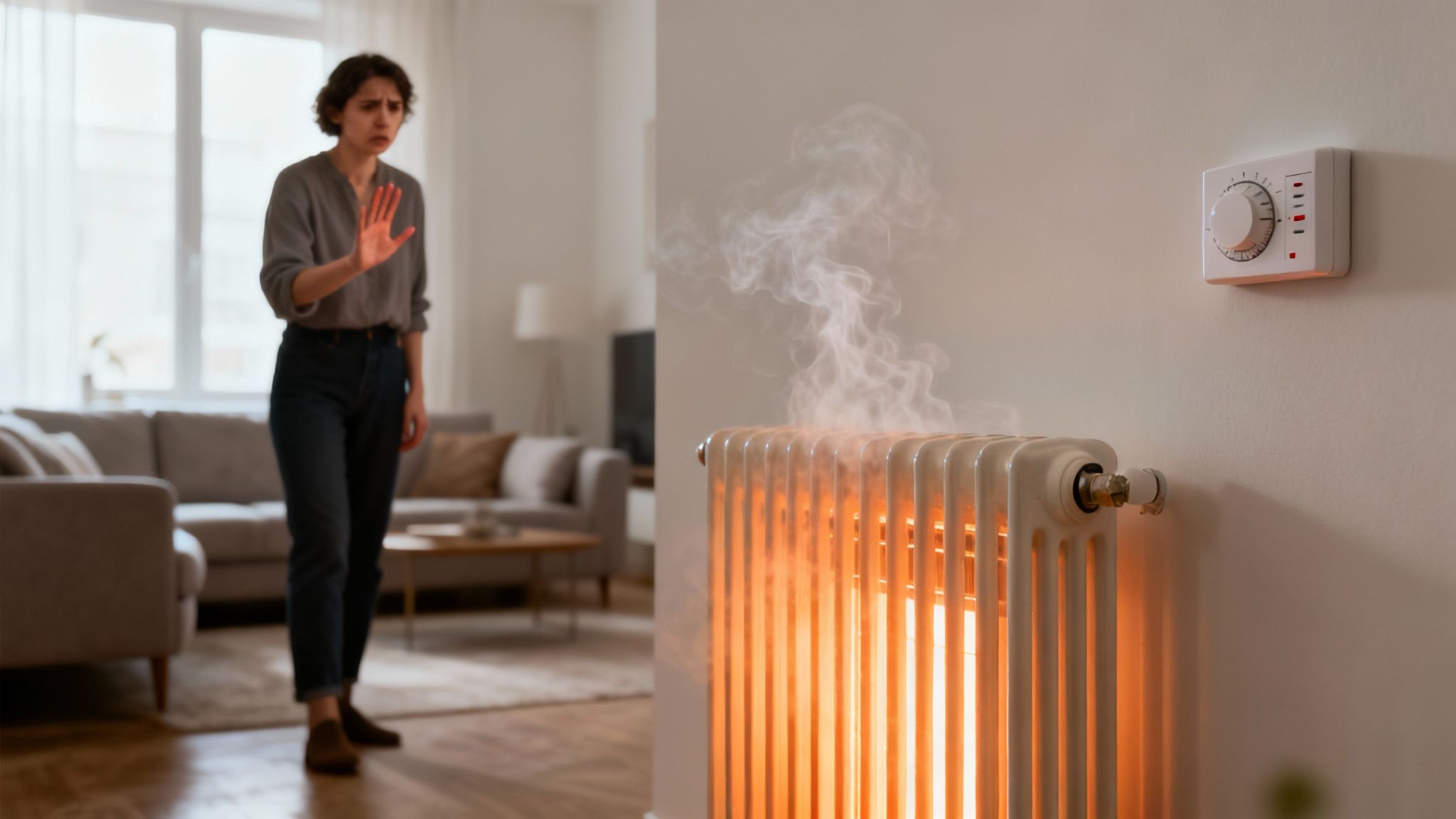 Rémült nő áll egy füstölő radiátor előtt egy szobatermosztáttal a falon, fűtési hibára utalva.