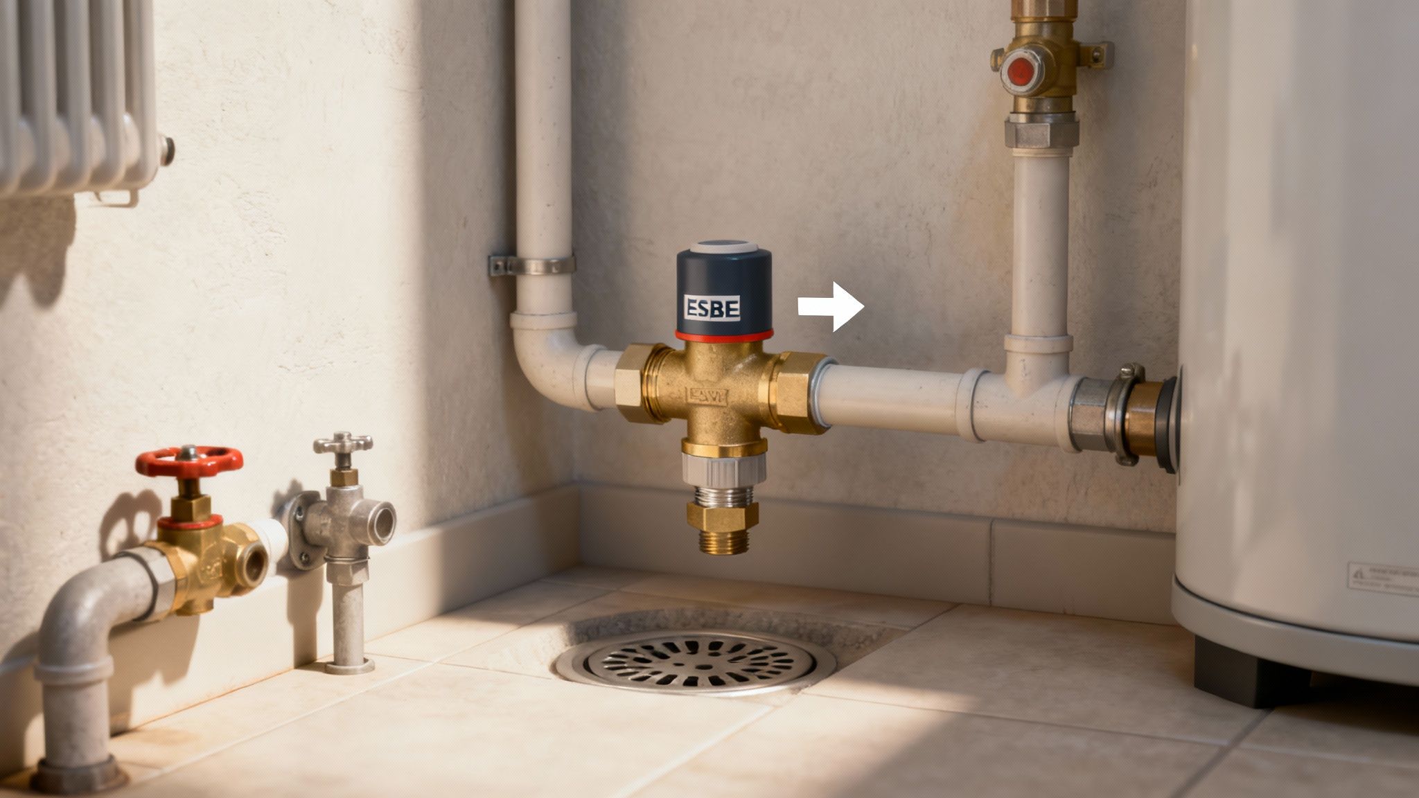 ESBE keverőszelep felszerelve csővezetékre, nyíl jelzi a víz áramlási irányát a fűtési rendszerben