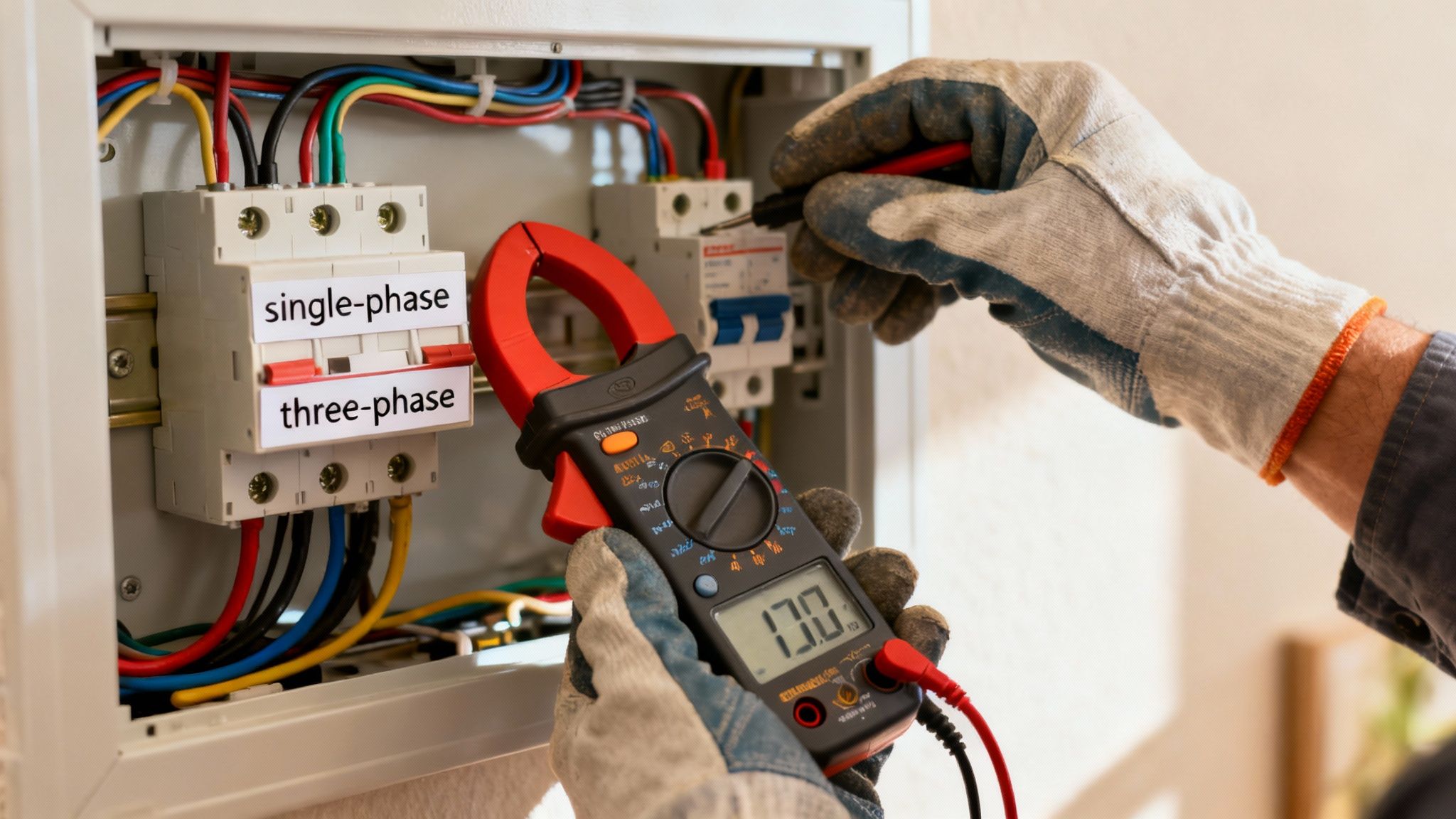 Elektrikus védőkesztyűben árammérővel ellenőrzi egy elektromos elosztópanel vezetékeit, amelyen egy- és háromfázisú feliratok láthatók.