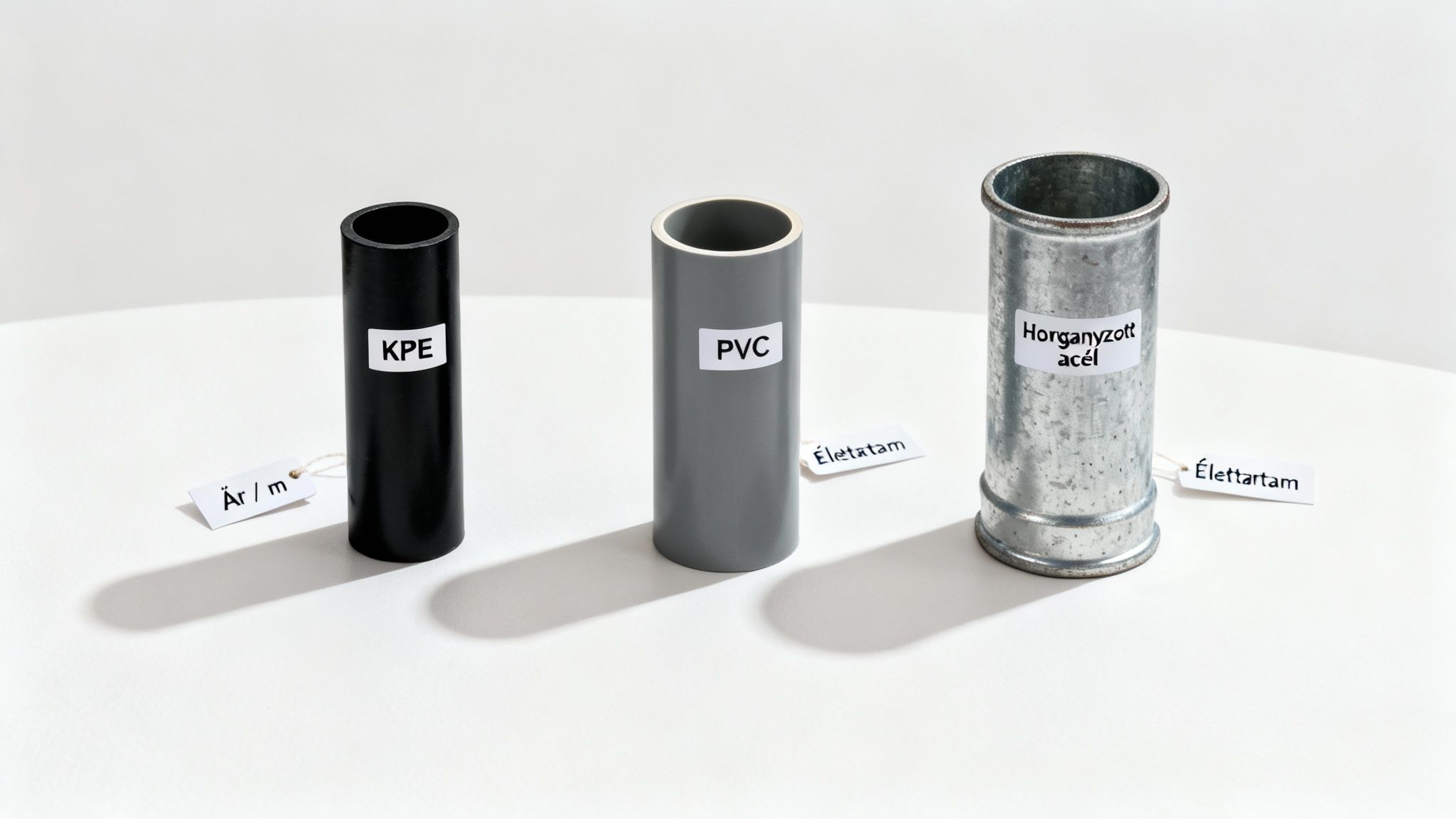 Három különböző típusú cső (KPE, PVC, horganyzott acél) látható ár- és élettartam címkékkel.