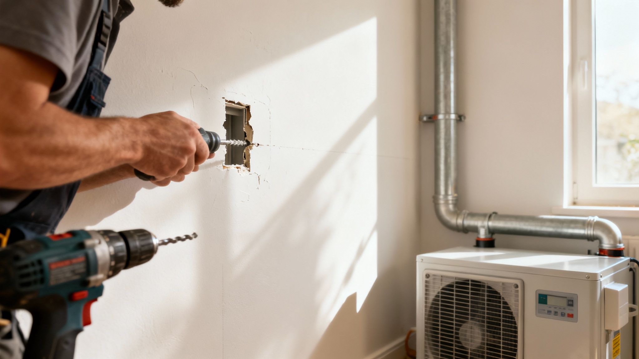 Egy szakember lyukat fúr a falba egy hővisszanyerős szellőztető rendszer telepítéséhez. Fúró és szellőztető egység látható.