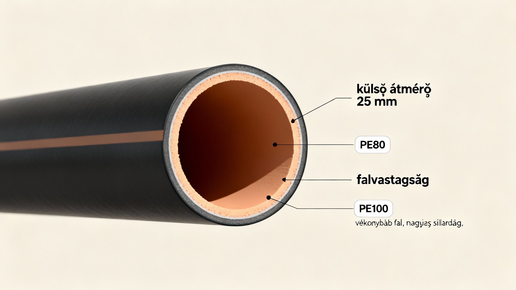 KPE cső részletes keresztmetszete, amely a külső átmérőt (25 mm), a falvastagságot, valamint a PE80 és PE100 anyagrétegeket mutatja.
