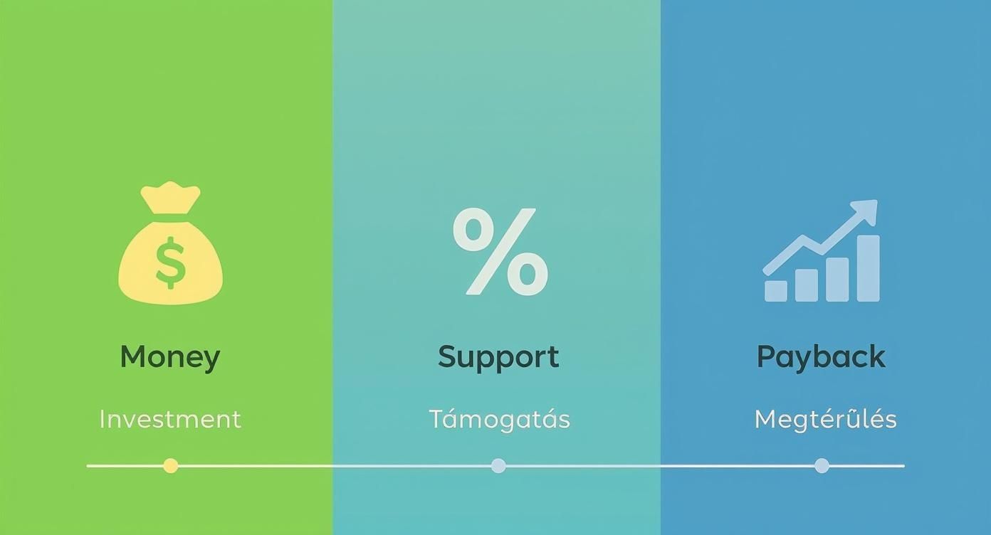 Három oszlopban megjelenített pénzügyi fogalmak: pénz, támogatás és megtérülés, a hozzájuk tartozó ikonokkal.