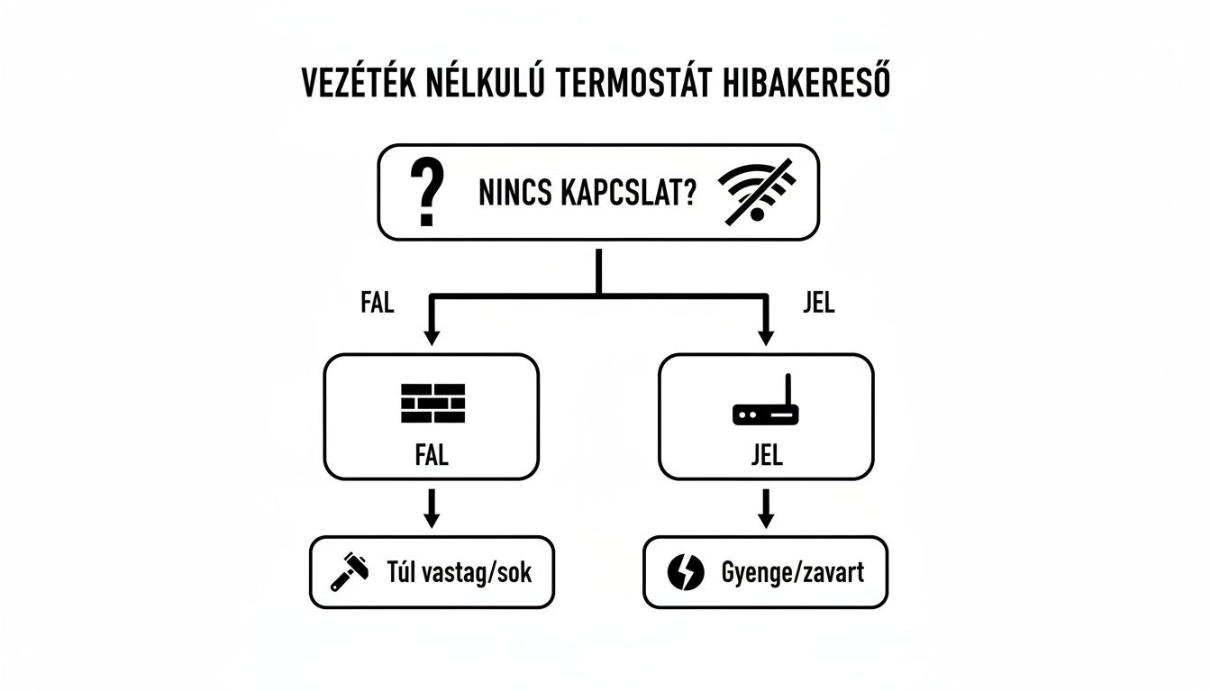 Ábra egy vezeték nélküli termosztát hibakeresési folyamatáról, ami a kapcsolat hiányának okait elemzi: fal vagy jelproblémák.