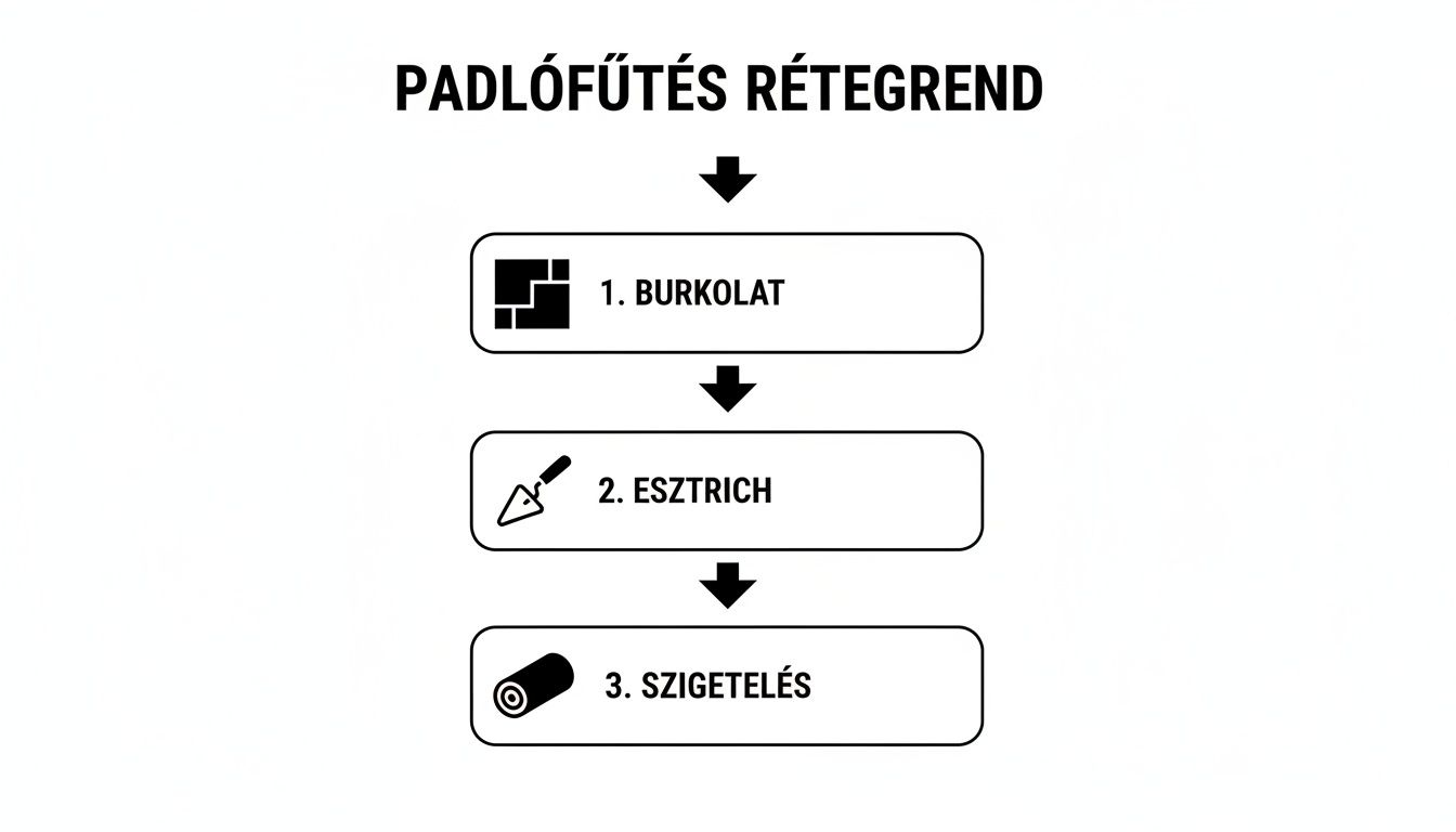 A padlófűtés rétegrendjét bemutató diagram, felülről lefelé haladva: burkolat, esztrich, szigetelés ikonokkal.
