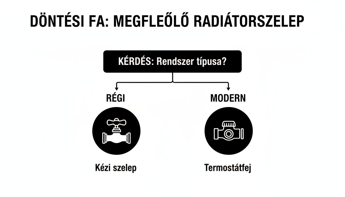Döntési fa a radiátorszelep kiválasztásához: régi rendszerhez kézi szelep, modernhez termosztátfej ajánlott.