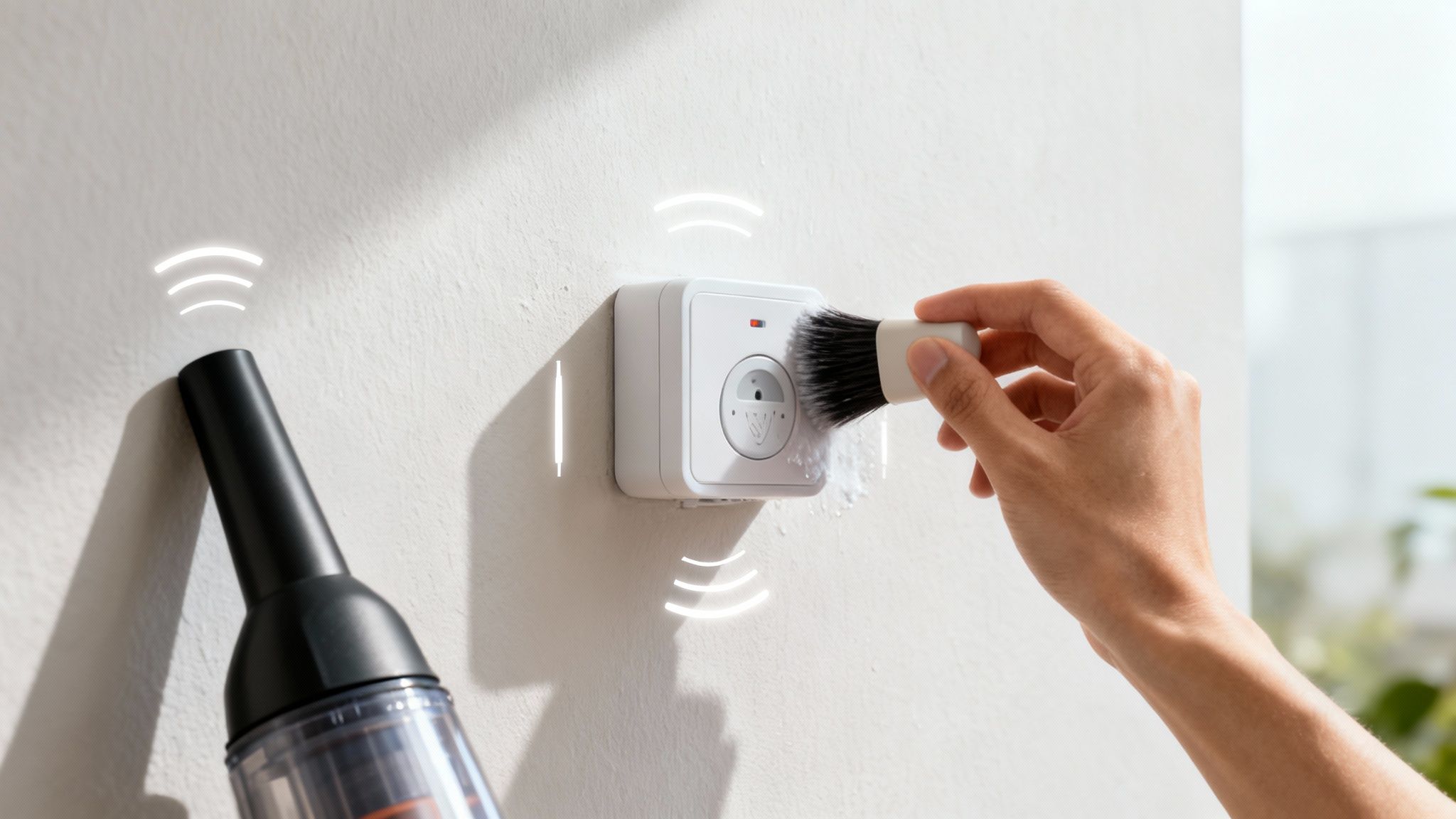 Kéz tisztít egy fehér fali érzékelőt kefével, mellette porszívó, jelezve a hőszivattyús rendszer karbantartását.