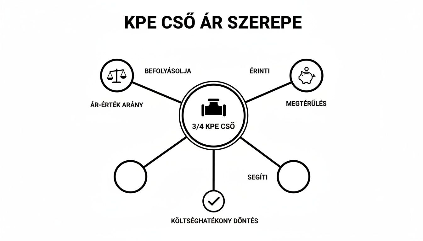 Infografika a 3/4 KPE cső árának szerepéről, mely befolyásolja az ár-érték arányt, megtérülést és segíti a költséghatékony döntést.