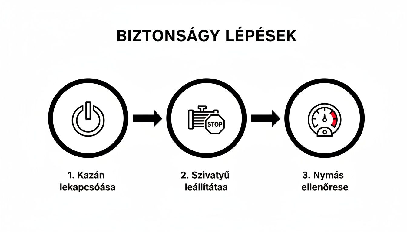 Biztonsági lépések a kazán kikapcsolására, a szivattyú leállítására és a nyomás ellenőrzésére ikonokkal illusztrálva.