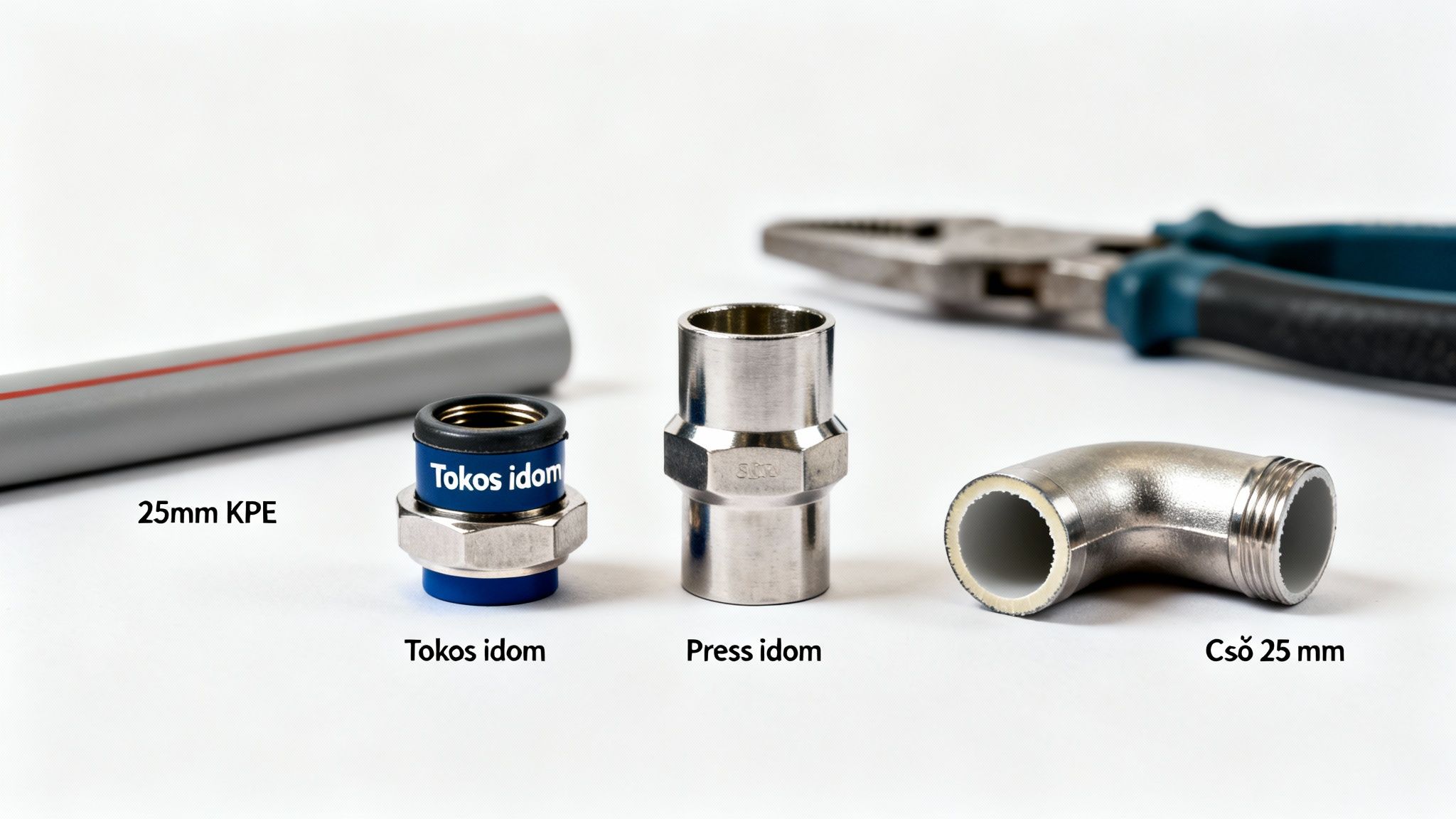 Különböző KPE cső és idomok, köztük tokos és press, valamint egy 25mm-es cső, szerelőfogóval.