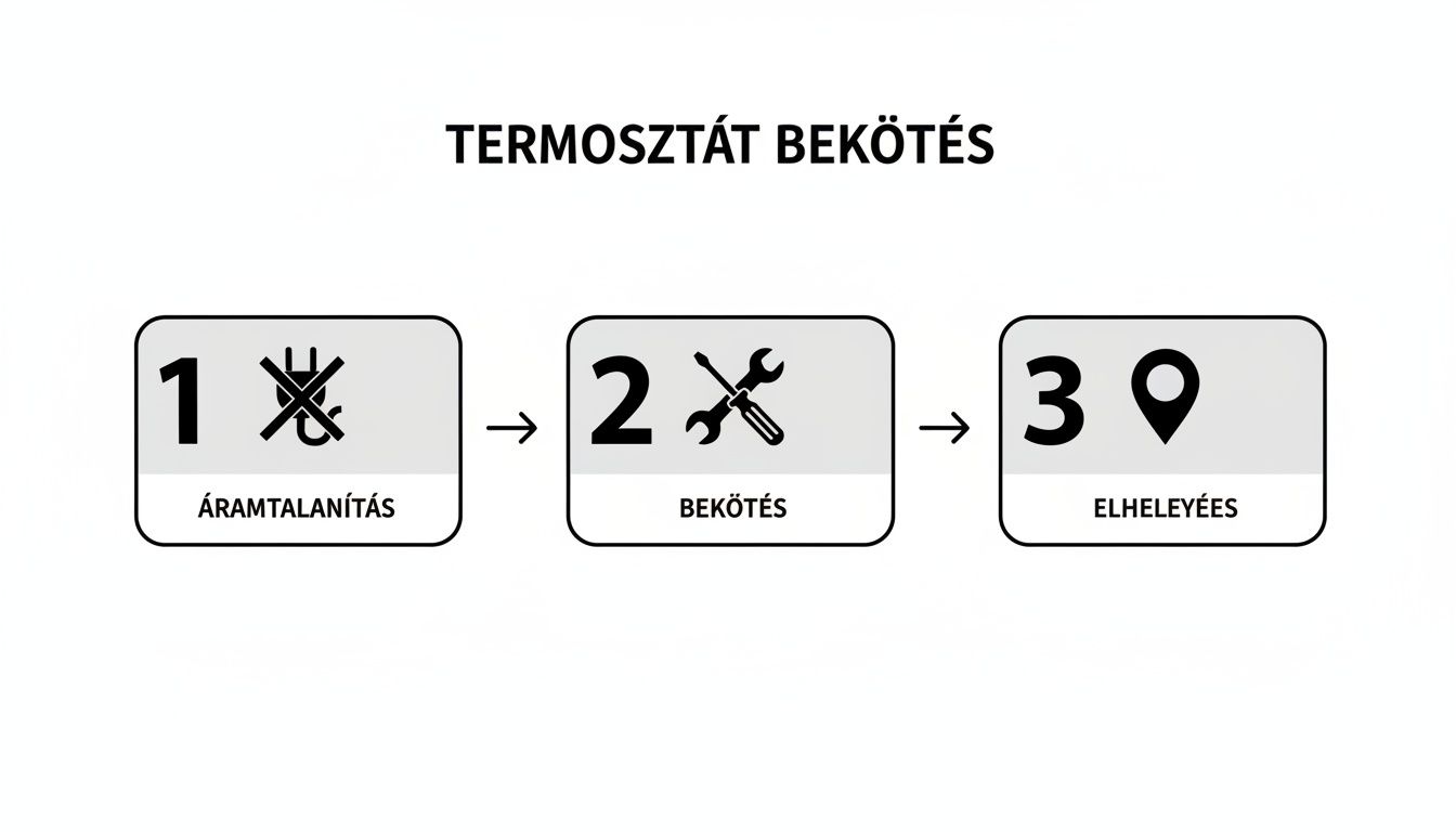 Háromlépéses útmutató termosztát bekötéséhez: áramtalanítás, bekötés szerszámokkal és elhelyezés a kívánt pozícióban.