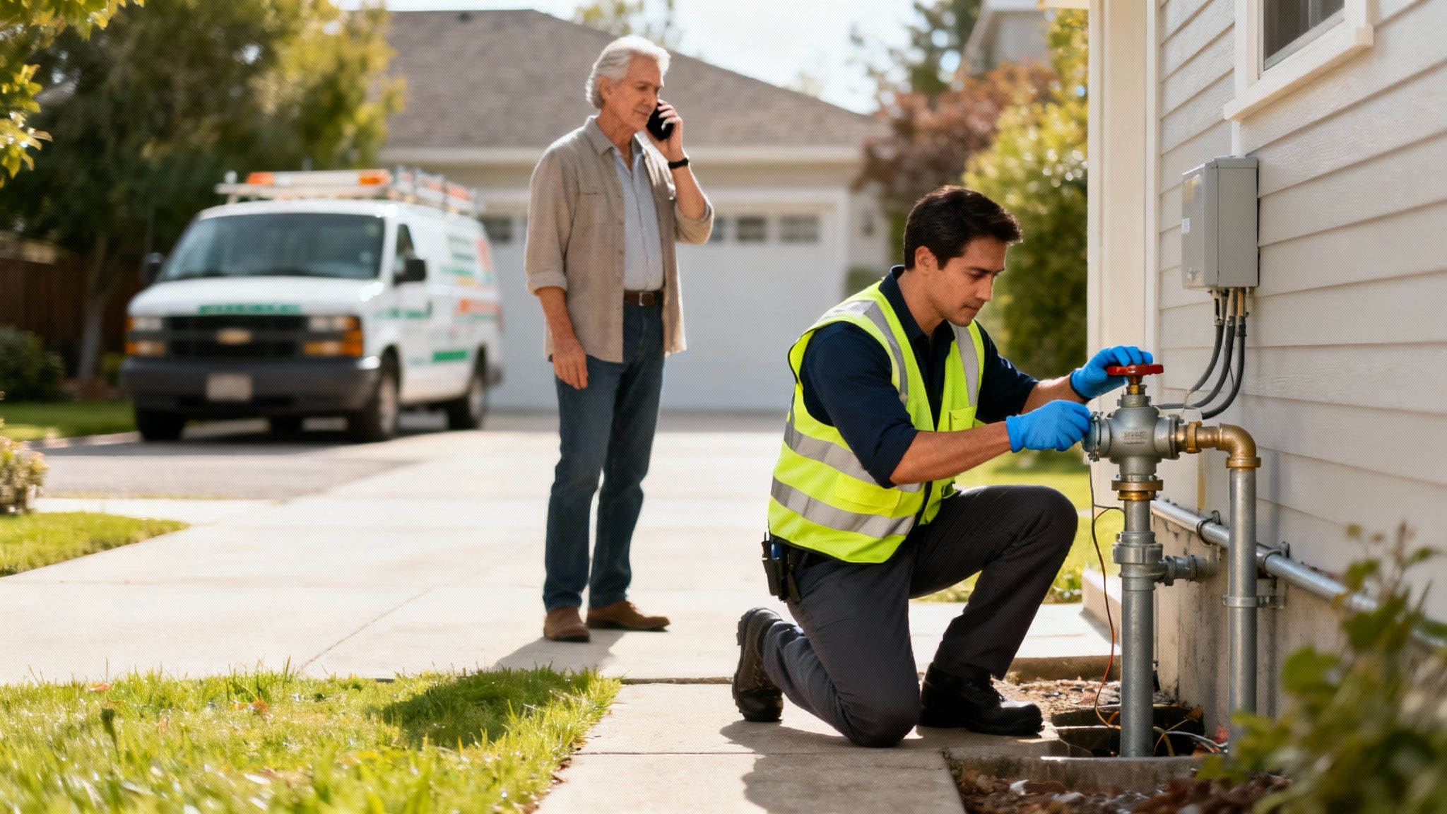 Gázszerelő ellenőrzi a gáznyomás szabályozót egy ház mellett, miközben a tulajdonos telefonál.