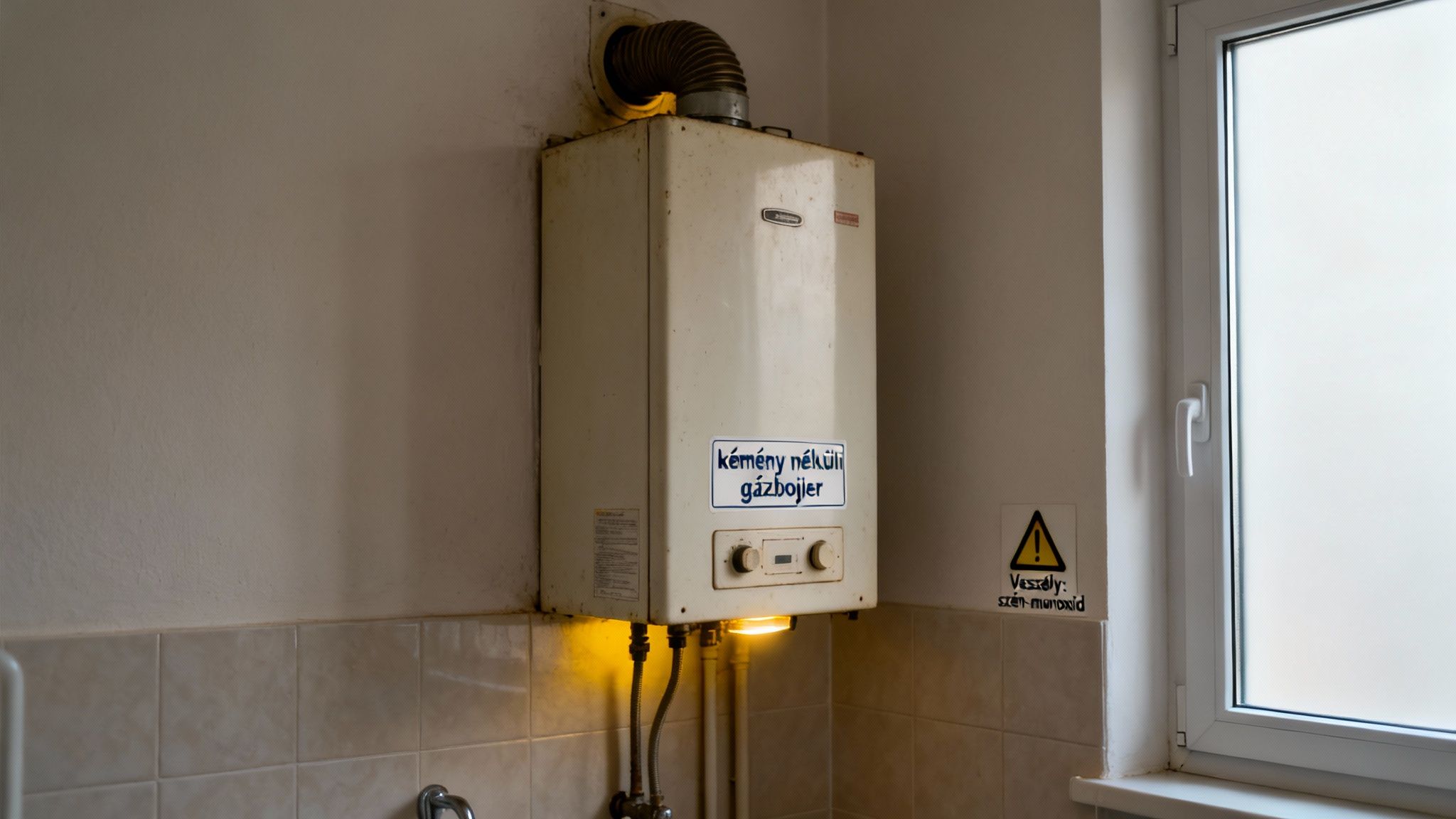 Régi, kémény nélküli gázbojler, működés közben, mellette egy ablak és szén-monoxidra figyelmeztető matrica.