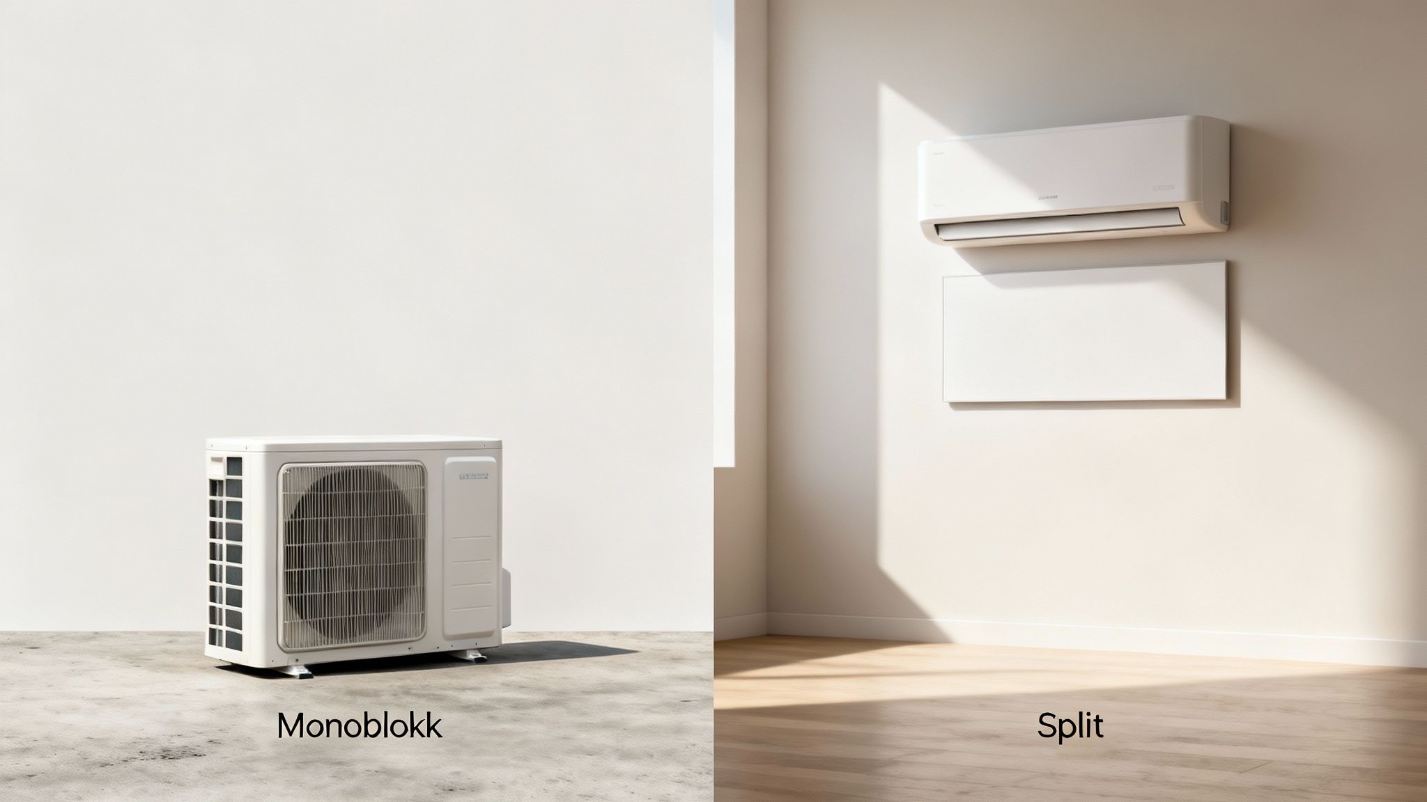 Monoblokk kültéri egység a szabadban, mellette egy beltéri split hőszivattyú egység otthoni környezetben.