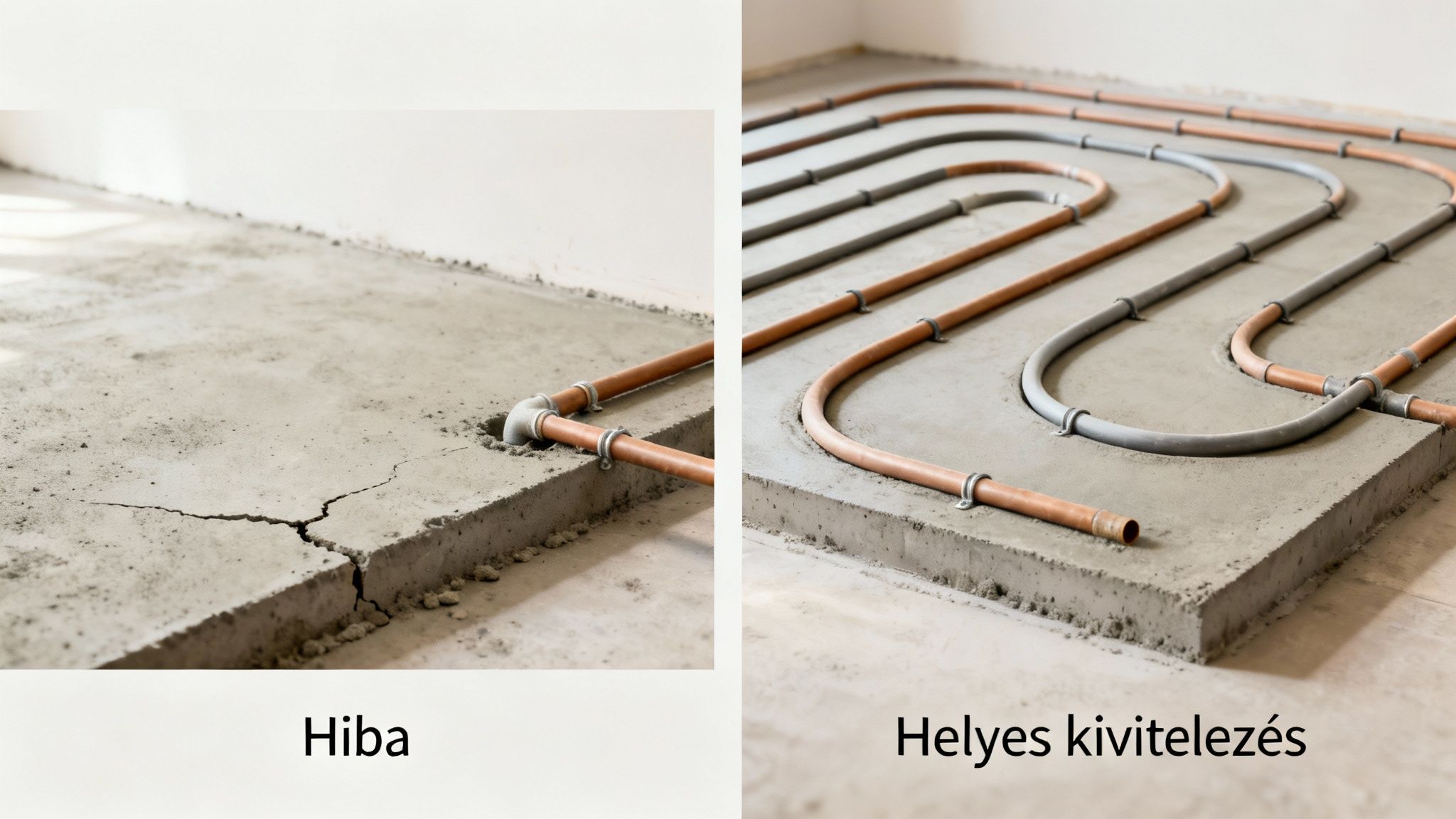 Két kép: bal oldalon repedt beton padló hibás fűtéscsövekkel, jobb oldalon helyesen kivitelezett padlófűtés.