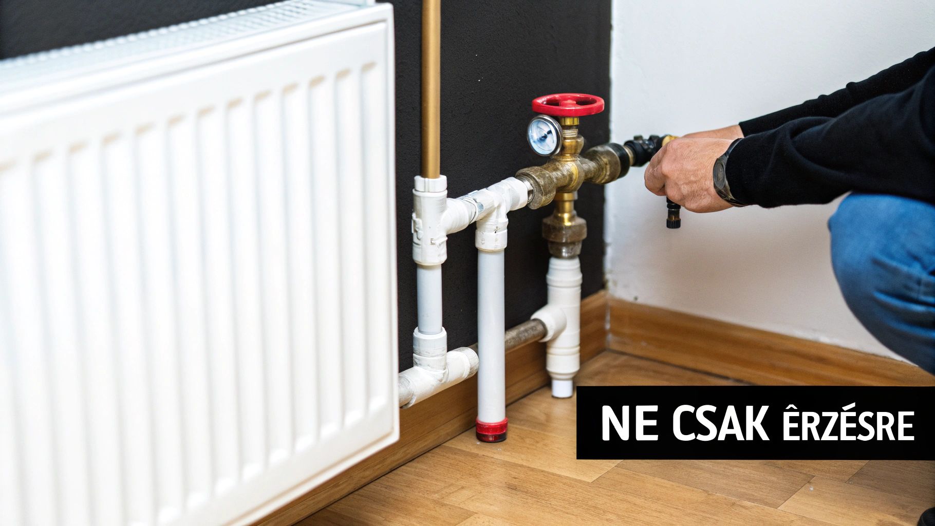 Padlófűtés osztó-gyűjtő közelről, a beállító szelepekkel és áramlásmérőkkel.