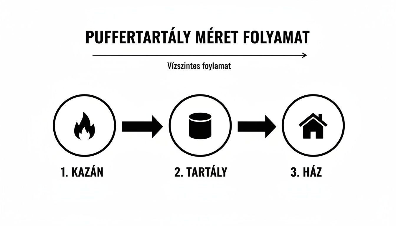 Folyamatábra a puffertartály méretezéséhez, amely a kazánból, a tartályon keresztül a házba irányuló hőáramlást mutatja.