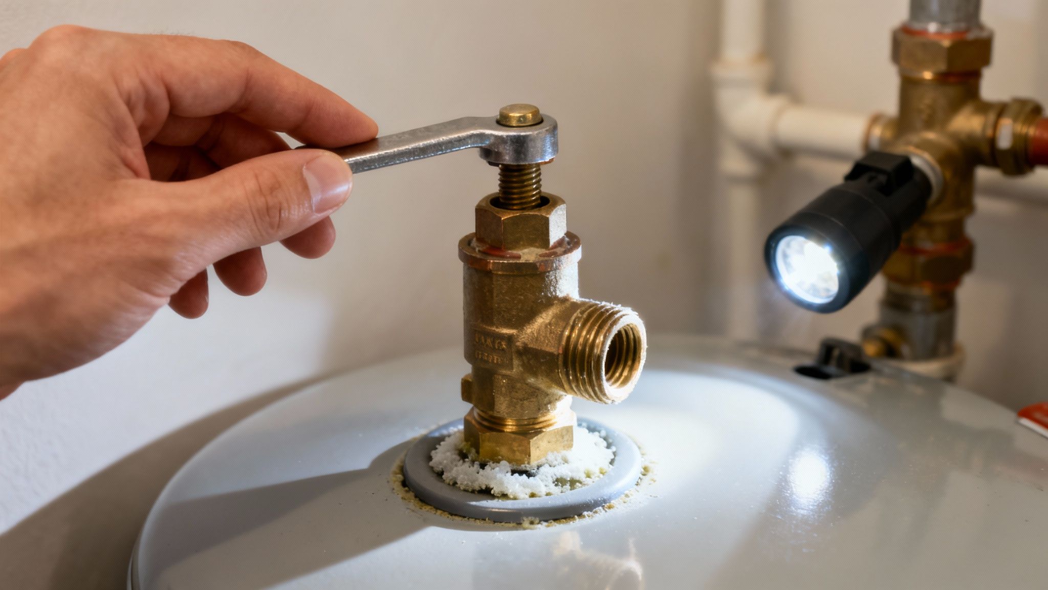 Kéz állítja a bojler biztonsági szelepét, mely körül vízkőlerakódás látható zseblámpa fényénél.
