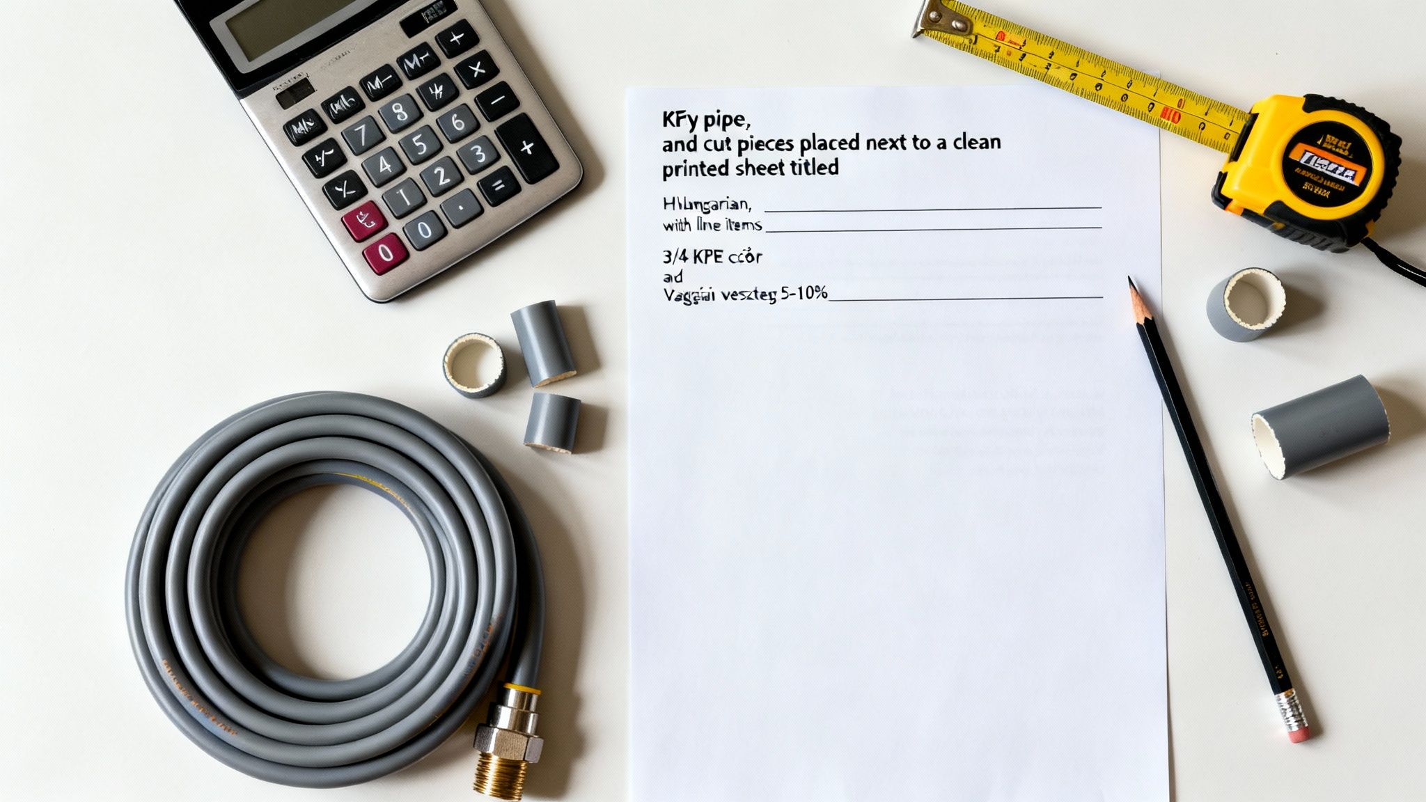 KPE cső, vágott darabjai, számológép, mérőszalag és ceruza egy fehér asztalon, nyomtatott lappal.
