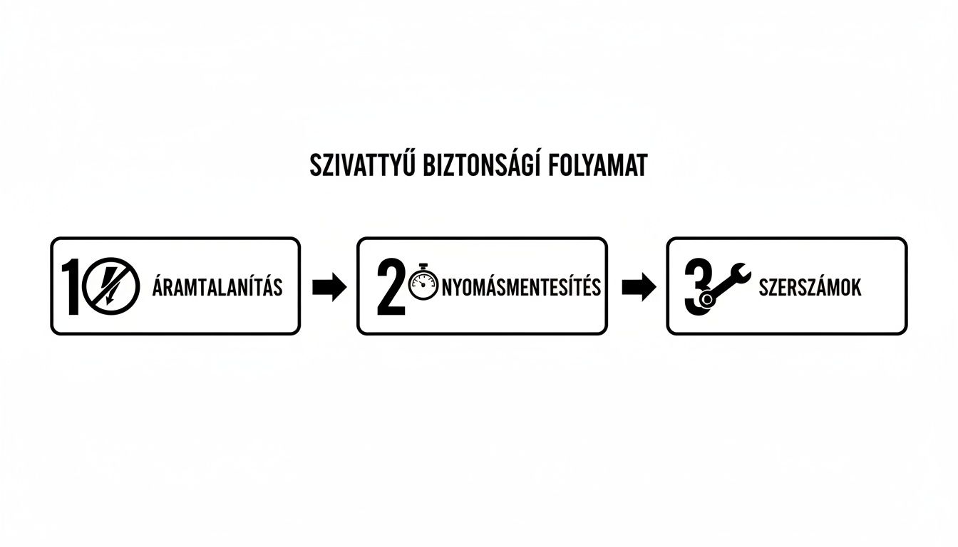 A szivattyú biztonsági folyamatának lépései: áramtalanítás, nyomásmentesítés és szerszámok használata.