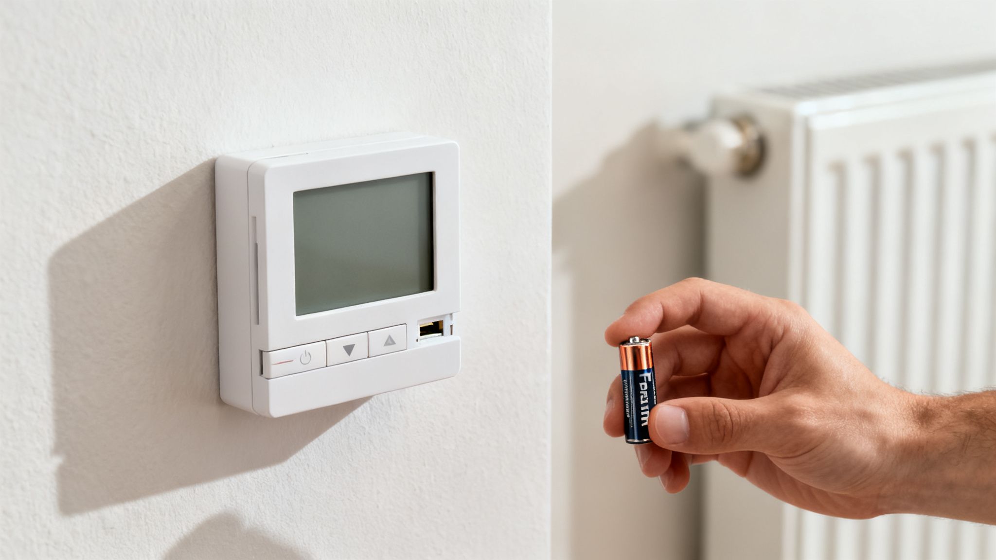 Kéz elemet tart egy falra szerelt termosztát mellett, amelynek kijelzője üres, jelezve az elemcsere szükségességét.