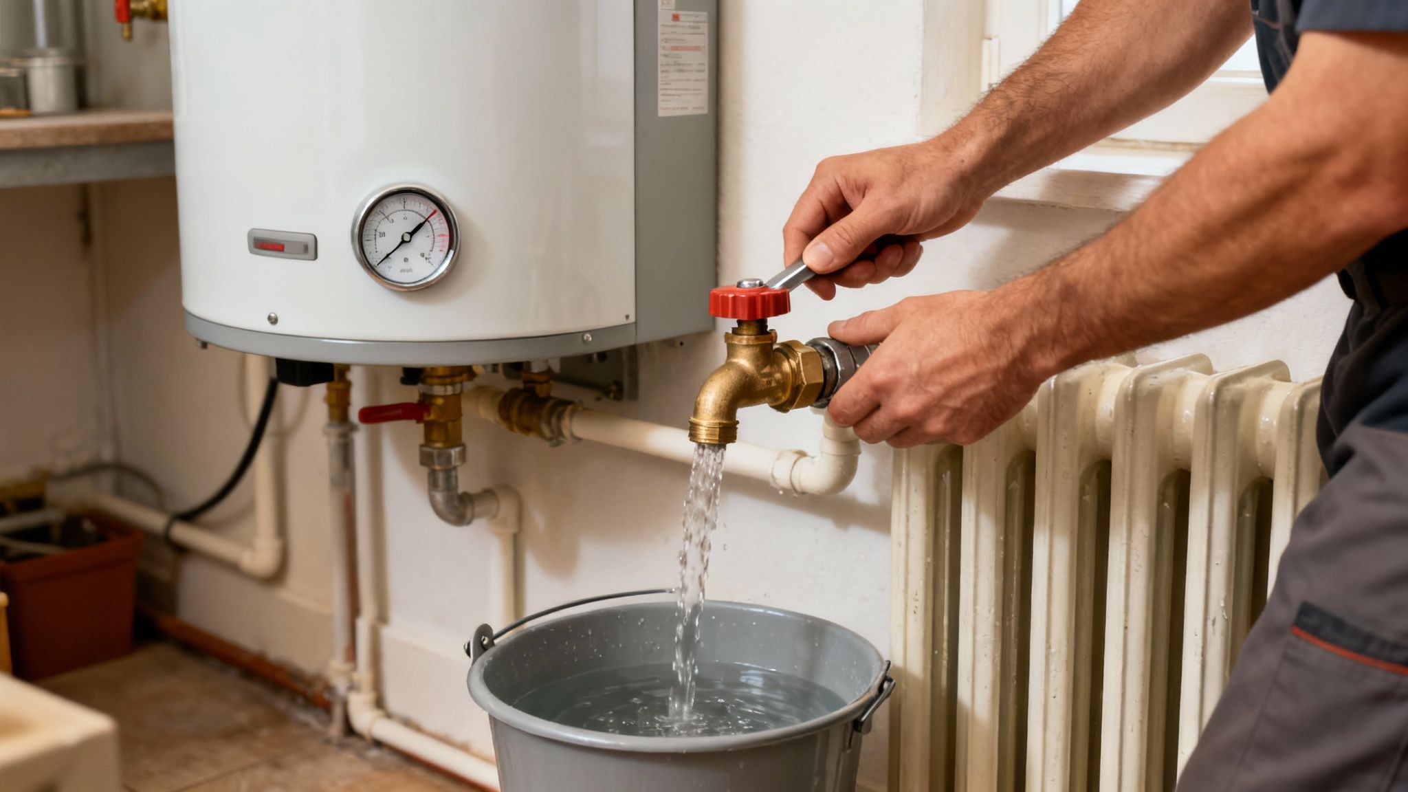 Férfi leereszti a vizet egy bojlerből egy vödörbe, karbantartás közben.