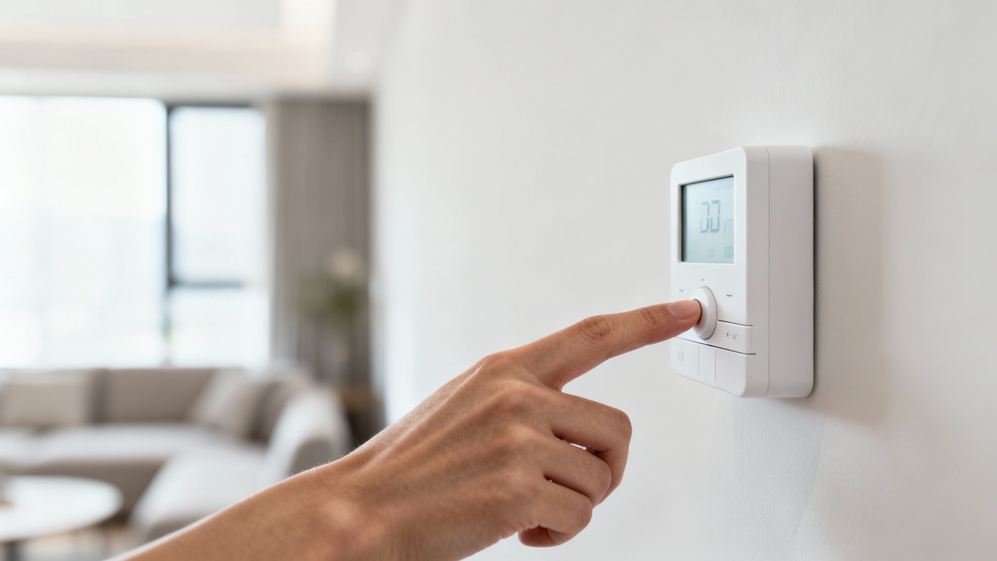 Egy kéz modern, falra szerelt okostermosztátot állít be, háttérben egy nappalival.