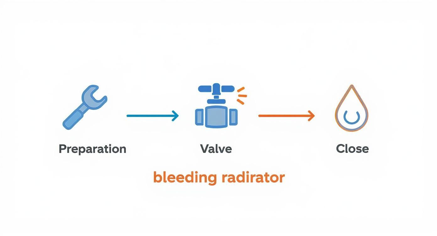 Radiátor légtelenítő folyamat három lépésben: előkészítés, szelep nyitása és lezárás illusztrációval
