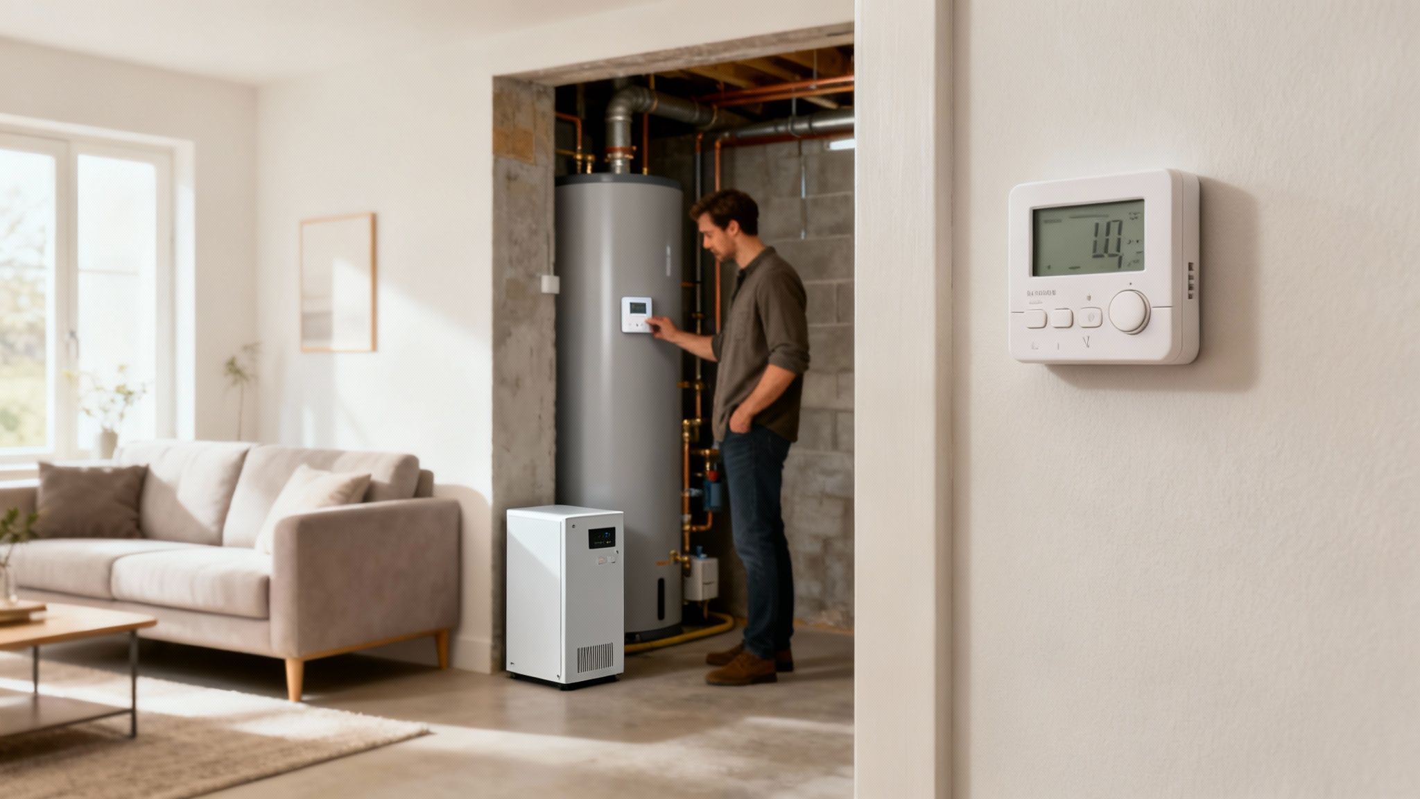 Férfi állítja a bojler vezérlőjét egy gépészeti helyiségben, közelben termosztát és modern fűtésrendszer.